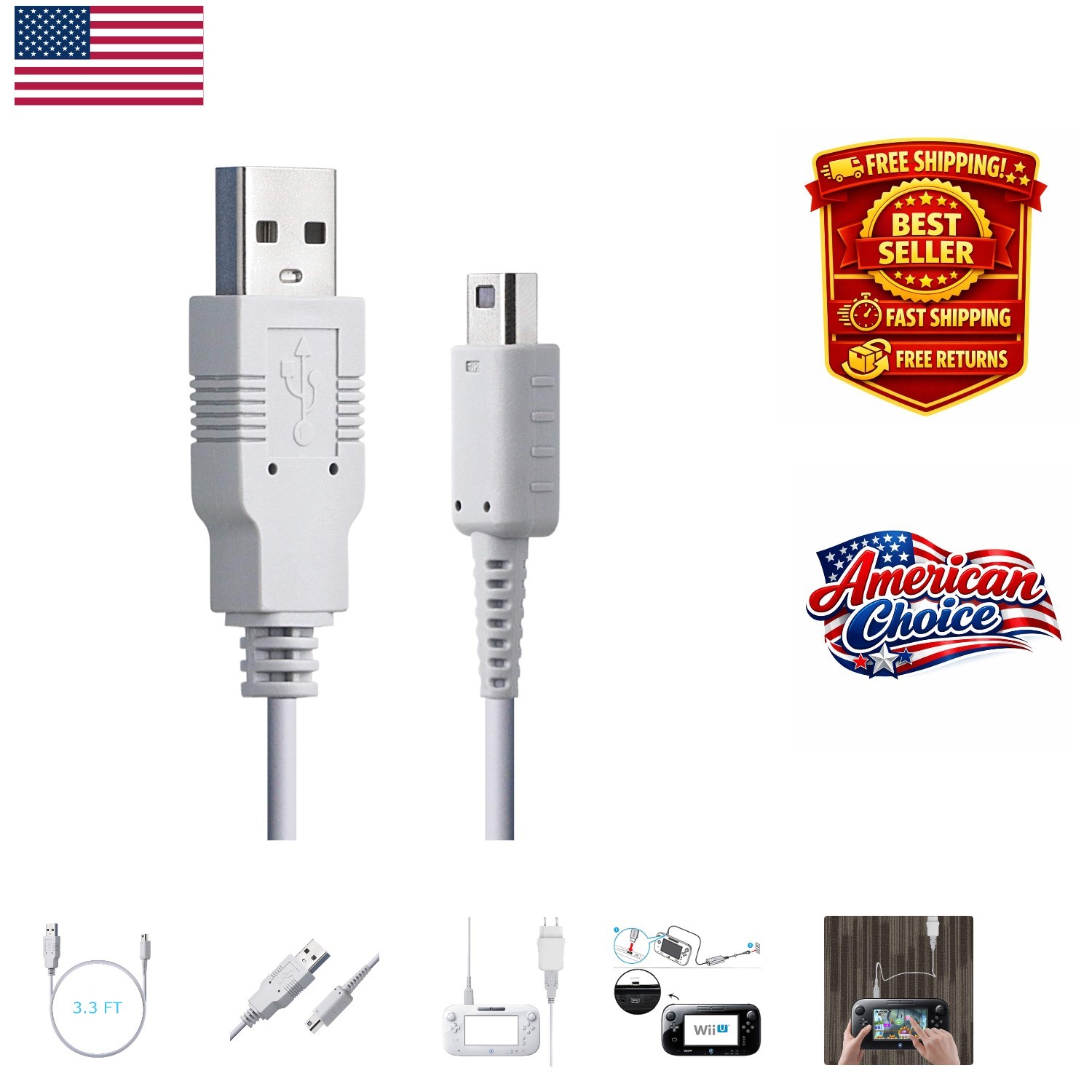 High-Durability 100 cm USB Charger Cable for Wii U Gamepad – Tangle-Free Design