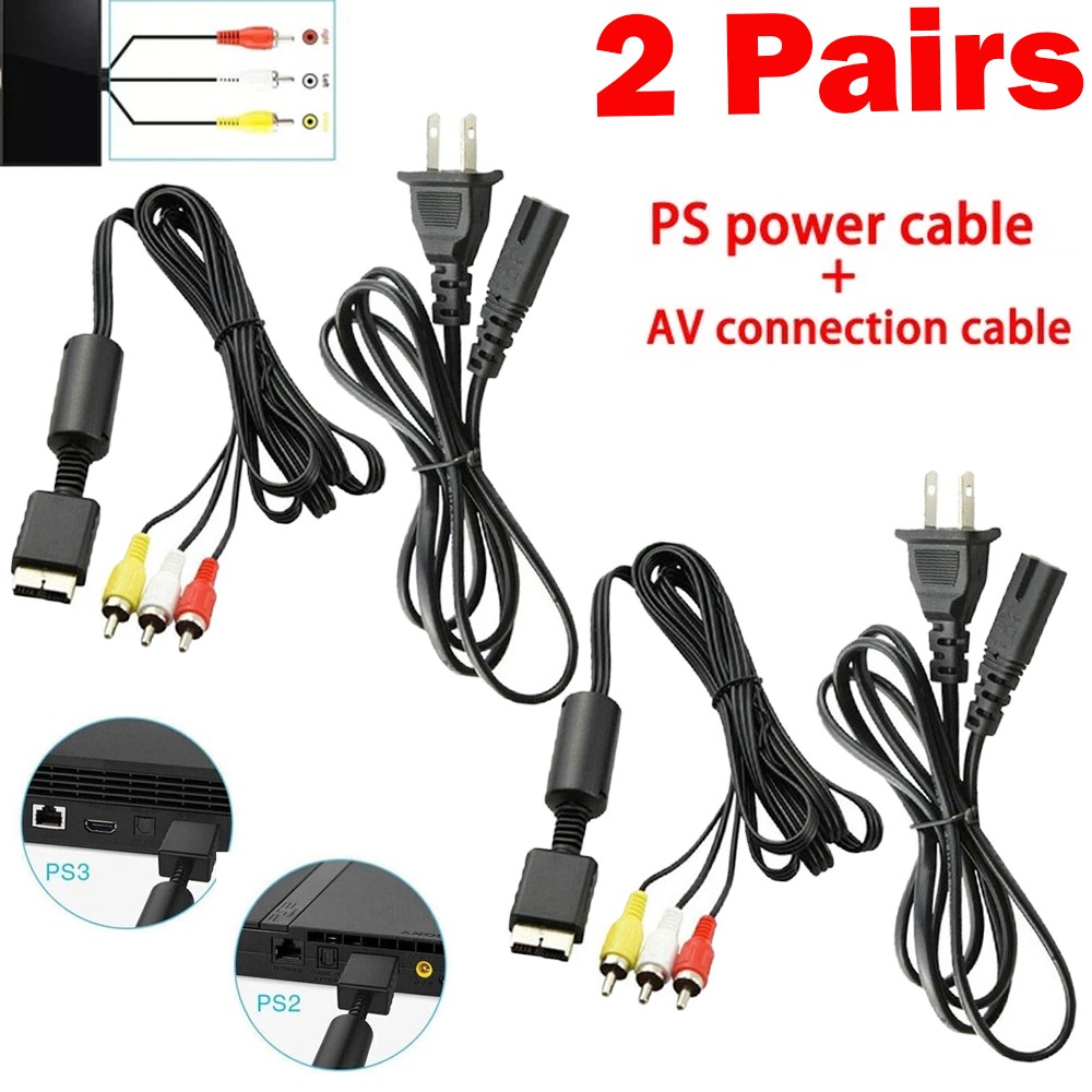 2PCS For Sony PlayStation 1/2 PS2 FAT Audio AV RCA AC Power Cable Cord Adapter