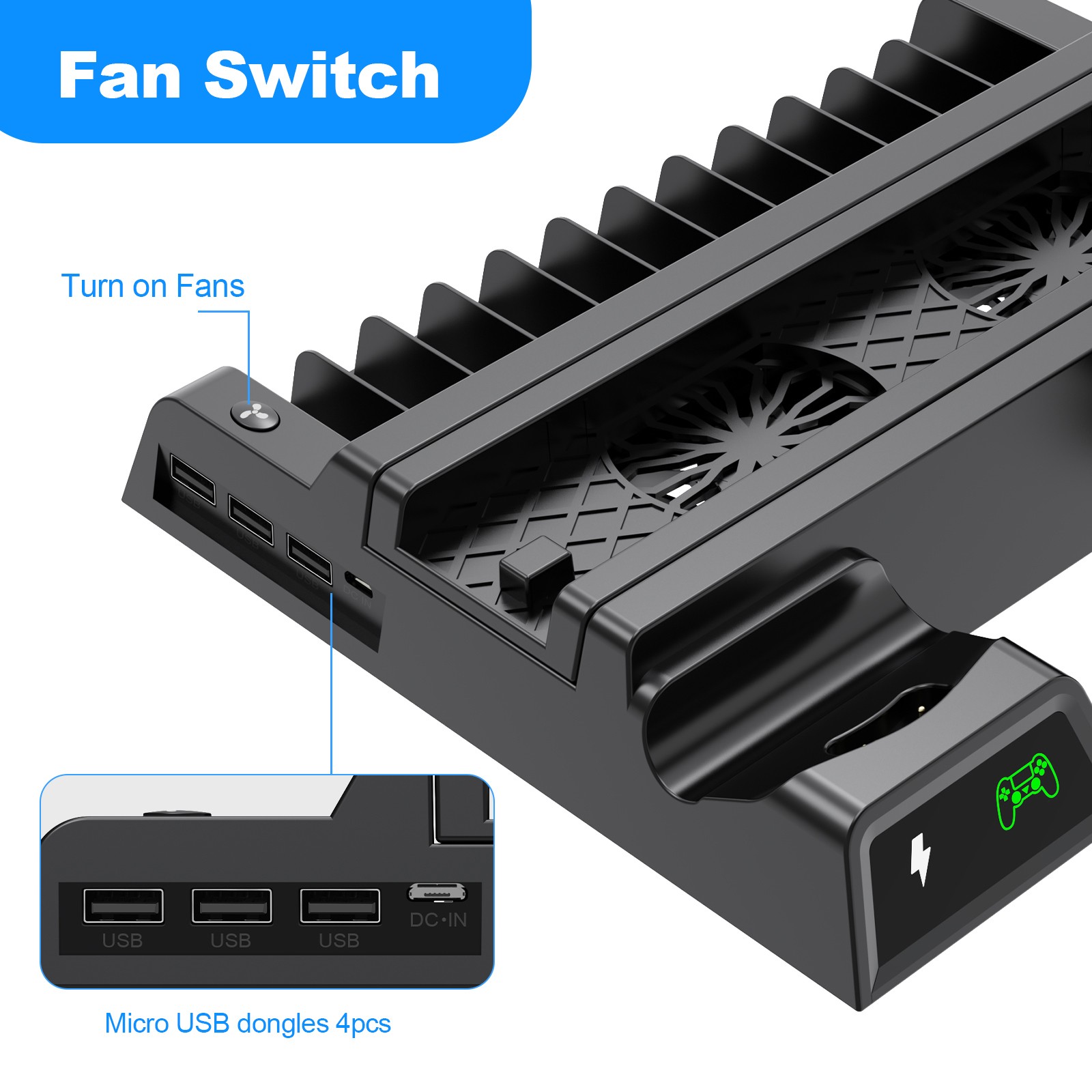 For Playstation 4/PS4 Slim/PS4 Pro Vertical Stand Cooling Fan Controller Charger