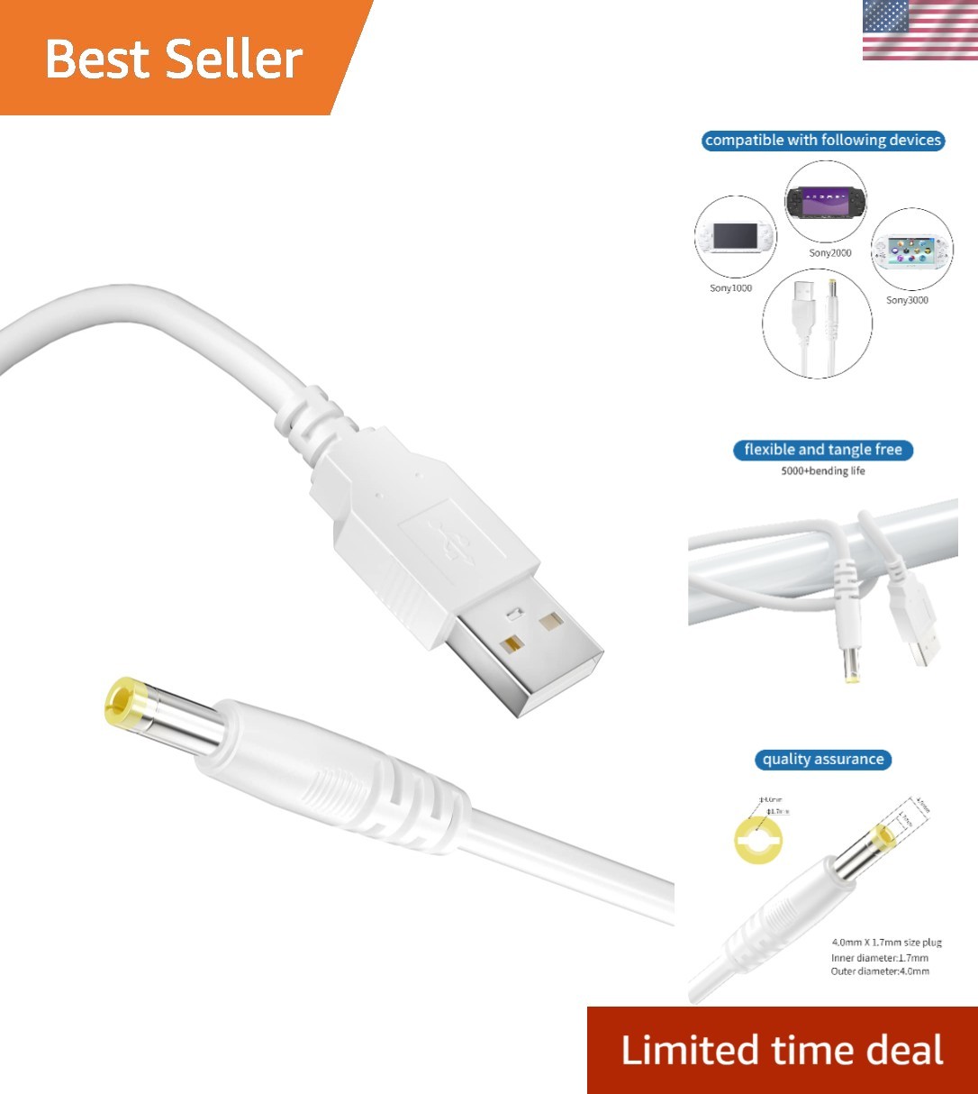4FT PSP Charger Cable – Portable USB Cord for 1000, 2000, 3000 Series – White