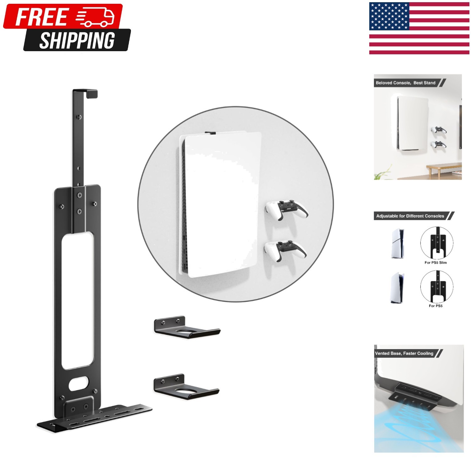 Upgraded Adjustable Console Holder Wall Mount for PS5: Black Gaming Stand