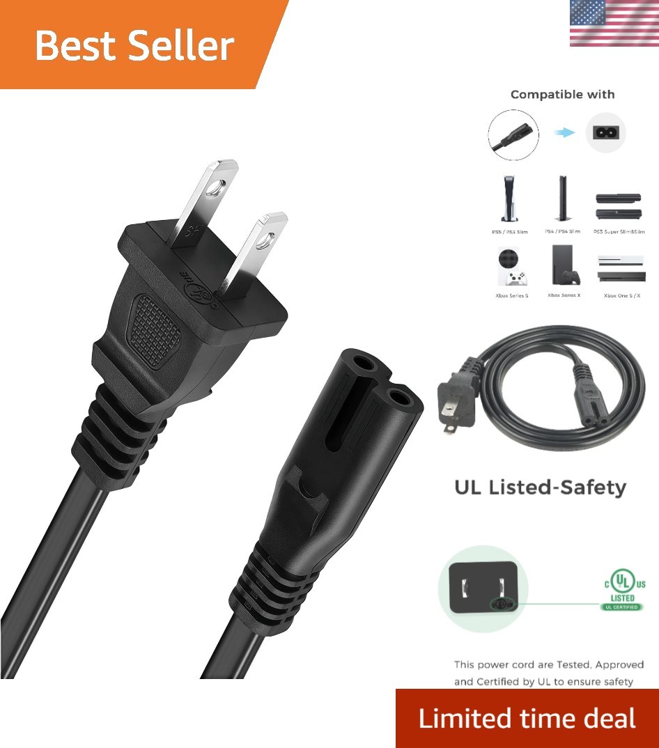 Compact 3ft AC Power Cord for Xbox & PS Gaming Consoles – 2-Prong, Approved