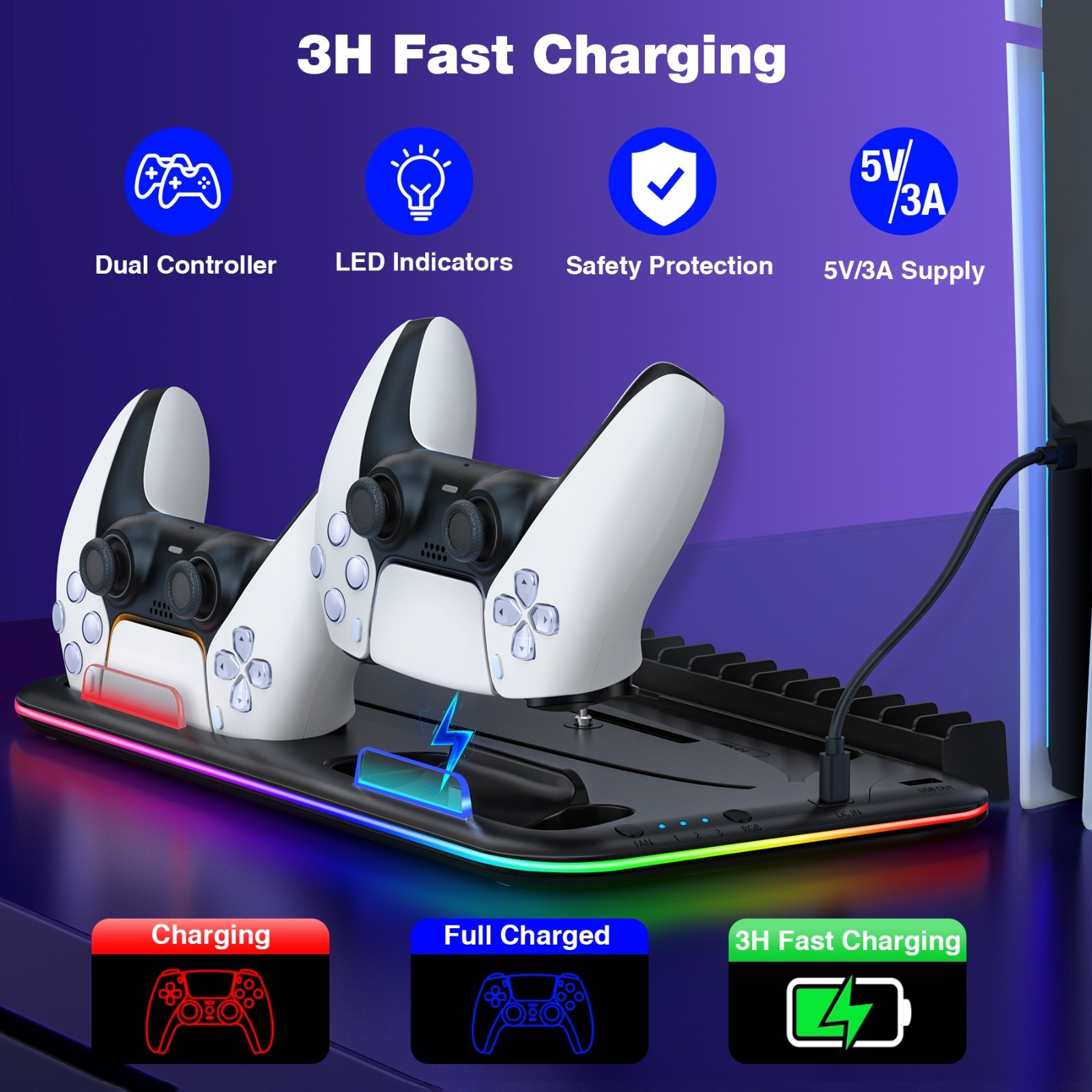 PS5 Stand Cooling Station for PS5/PS5 Slim Console With PS5 Controller Charger