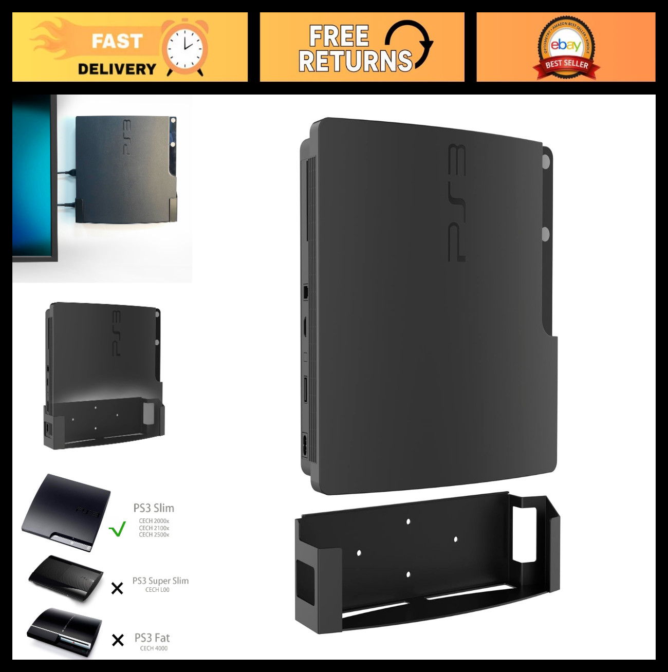 Wall Mount Bracket for PS3 Slim – Space Saving Steel Holder for PlayStation 3
