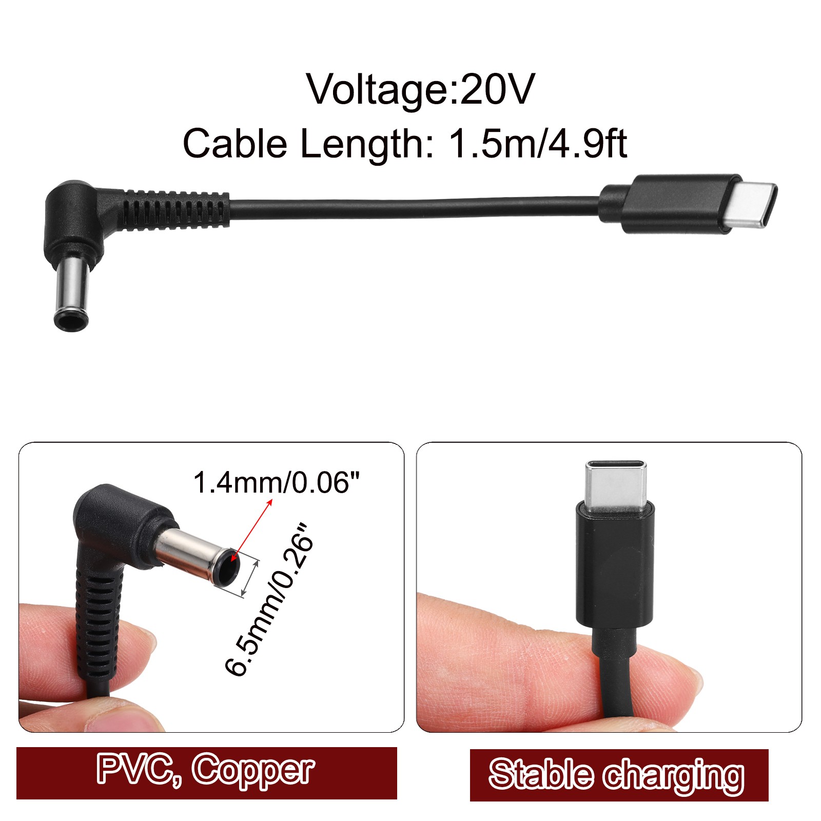 4.9FT USB C to DC PD Power Fast Charging Cable, 6.5mmx1.4mm 65W/20V(Black)
