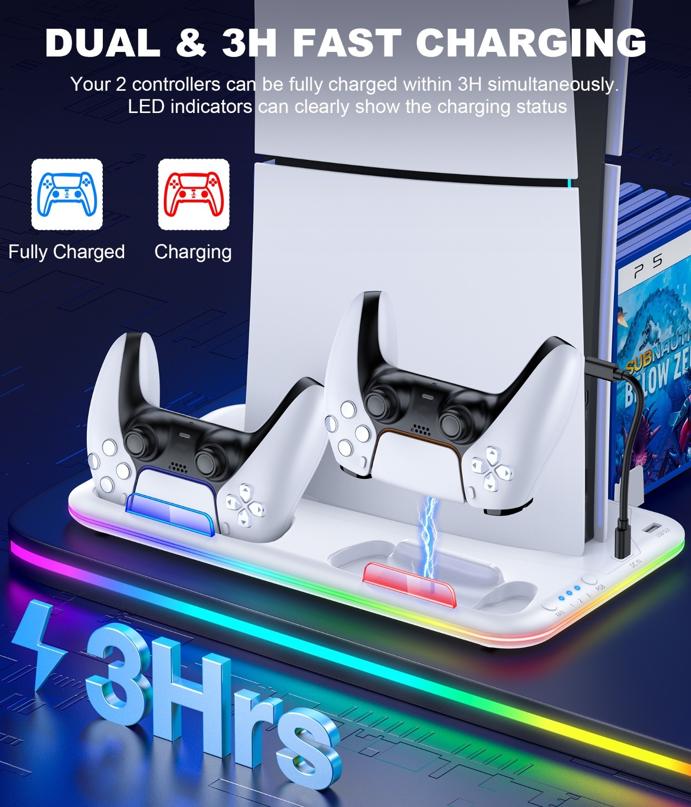 PS5 Stand Cooling Station for PS5/PS5 Slim Console With PS5 Controller Charger