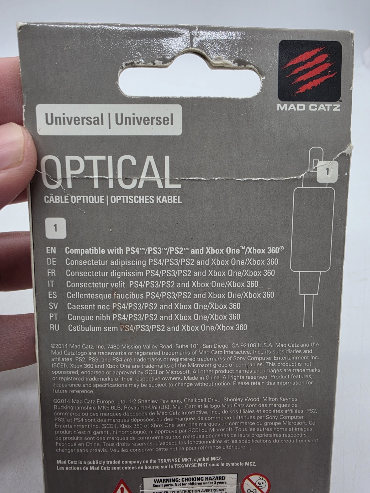 Optical Cable by Mad Catz 3.3 Feet HD Crystal Clear Digital Audio New Ps4 Xbox