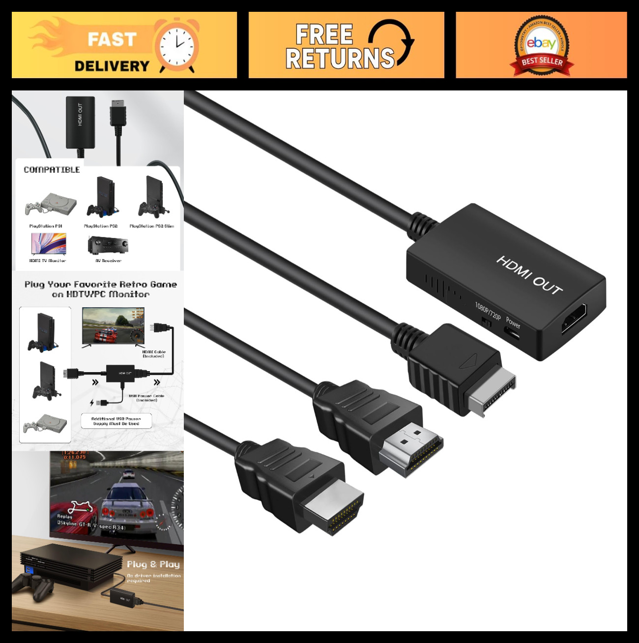 HDMI Adapter Converter for PS2 & PS1 – 720p/1080p Switch, AV to HDMI Cable, HD U