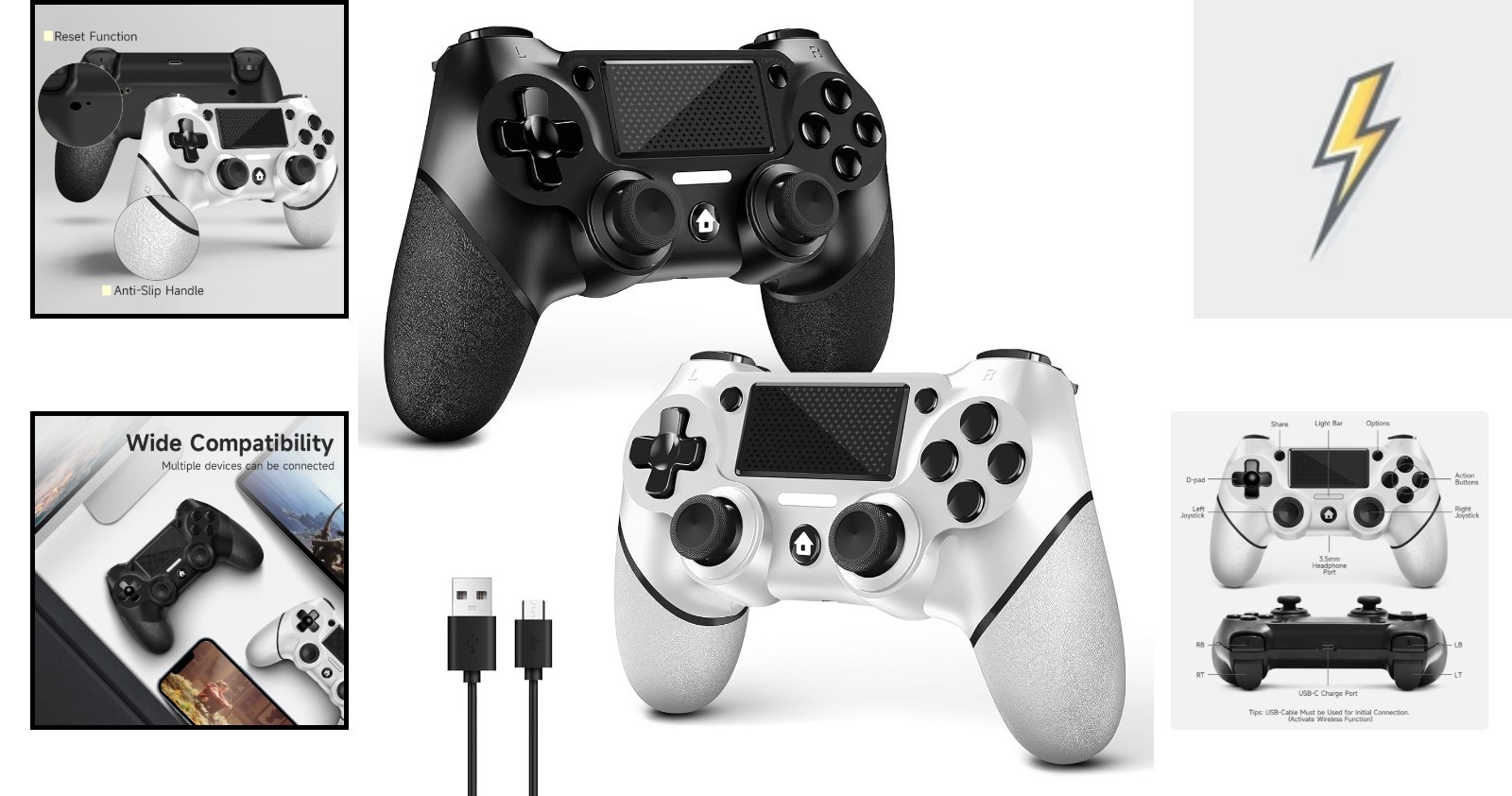 Two Pack PS4 Controllers – Ergonomic Wireless Design with USB-C Cable Included