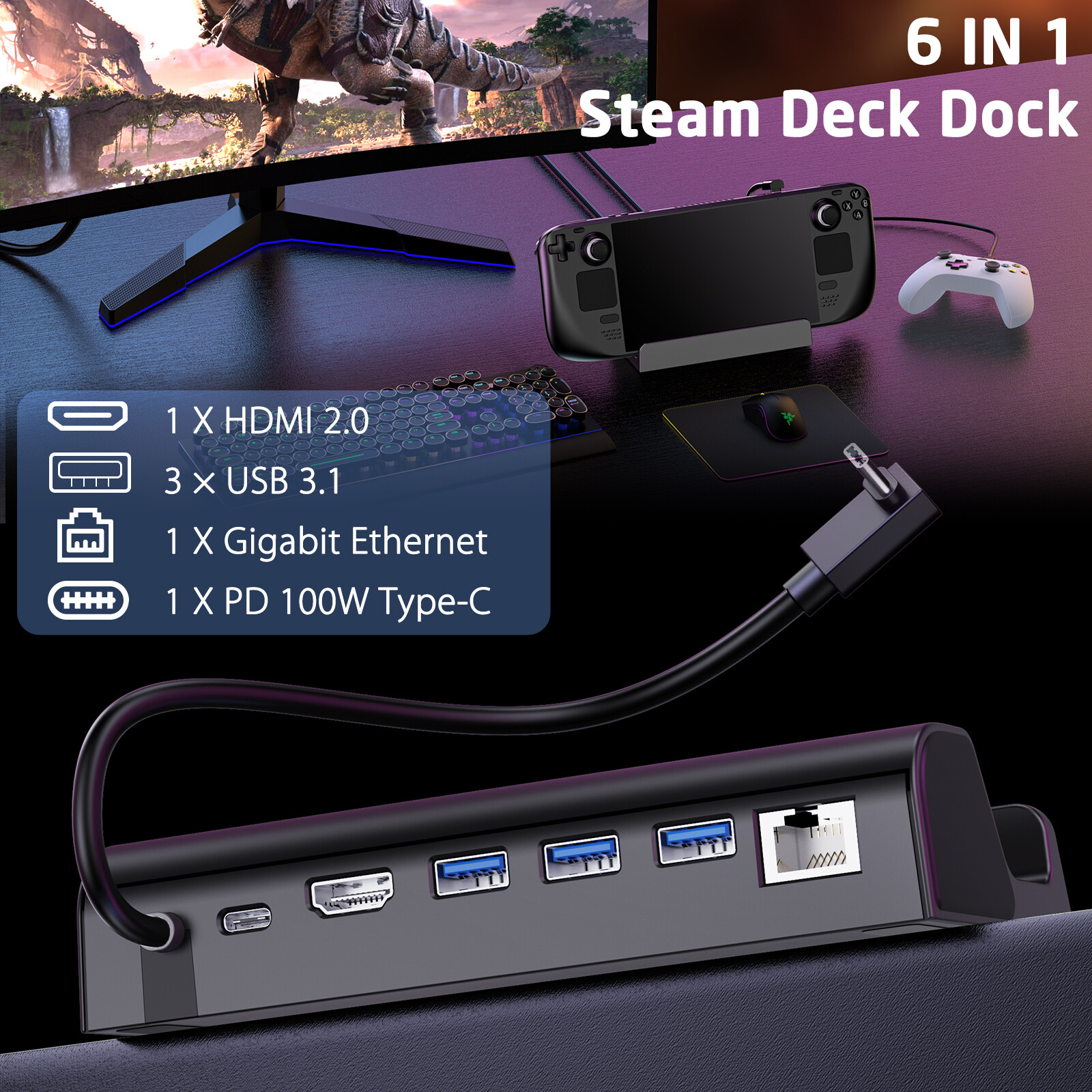 6-in-1 Steam Deck Docking Station For Valve Steam Deck Charging Game For HDMI TV