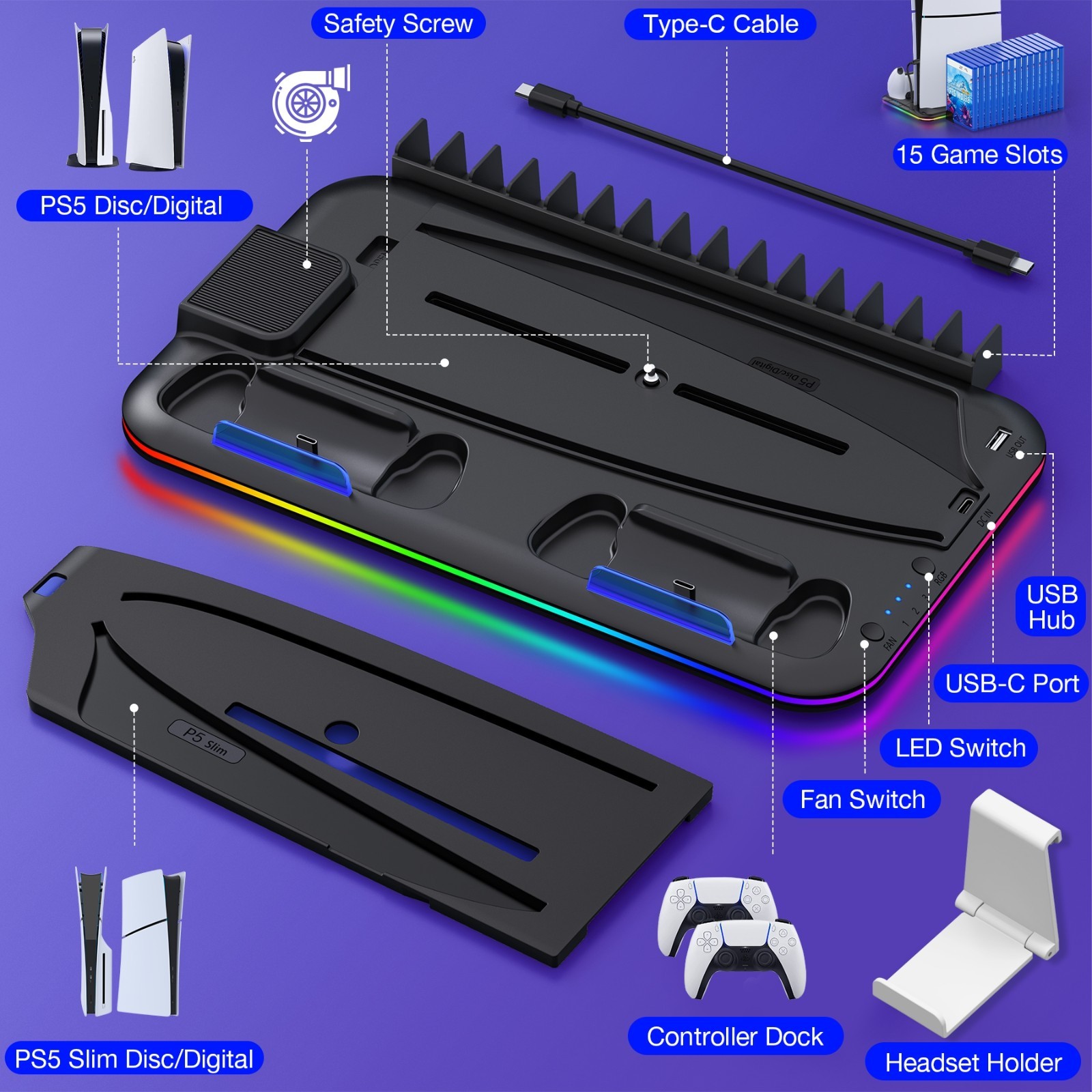 PS5 Stand Cooling Station for PS5/PS5 Slim Console With PS5 Controller Charger