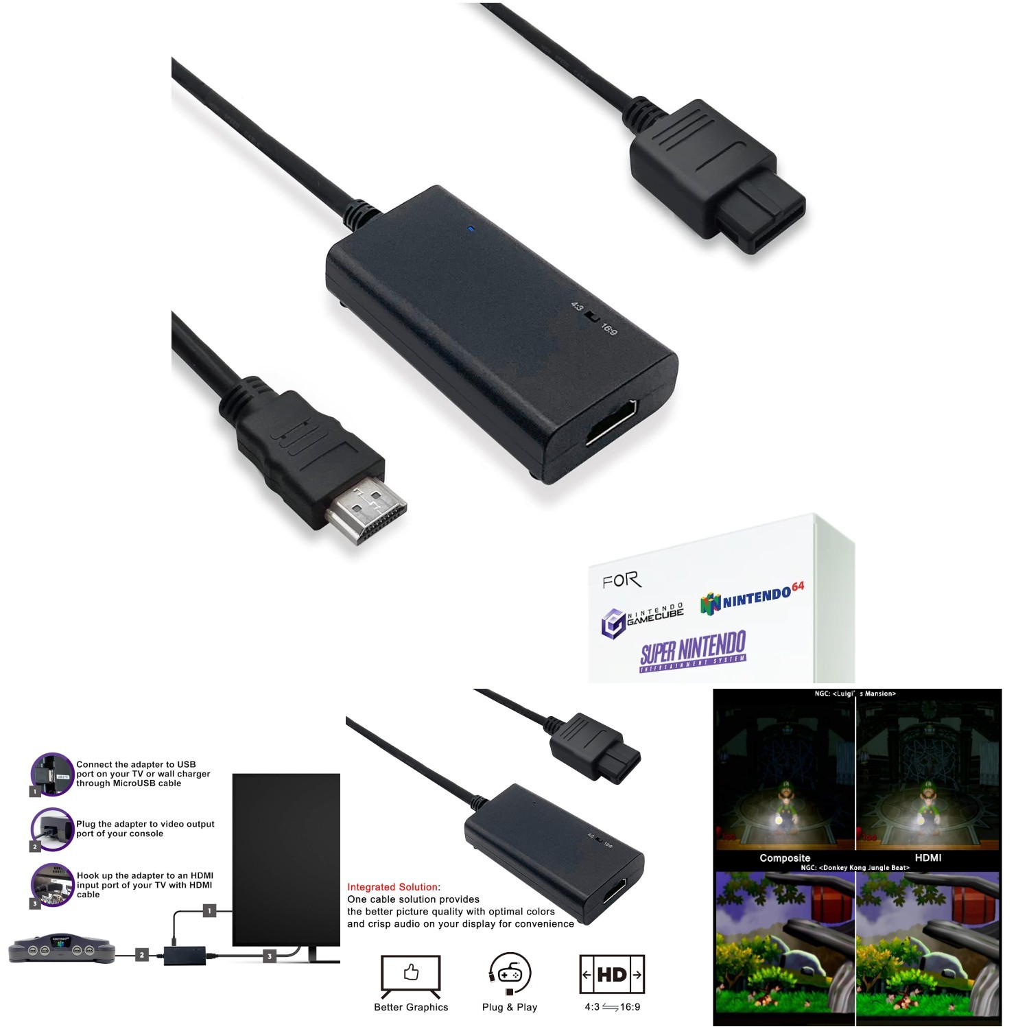 1 Pack HDMI Cable Gamecube N64 SNES Adapter S-Video Better Video Quality
