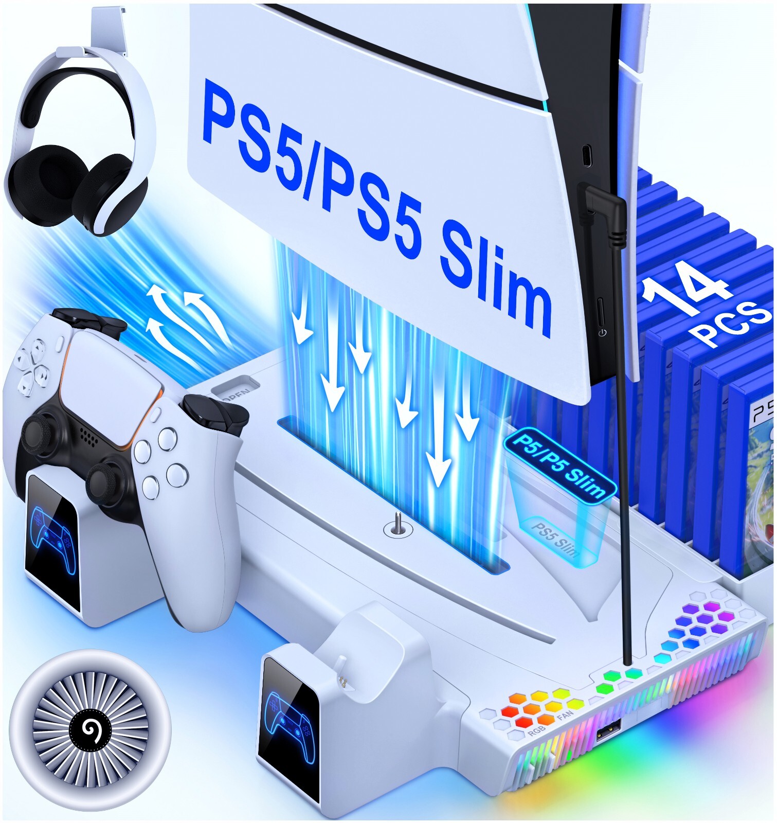 PS5 Slim Controller Charger Station+Cooling for PS5 Slim&Edition/Disc Version