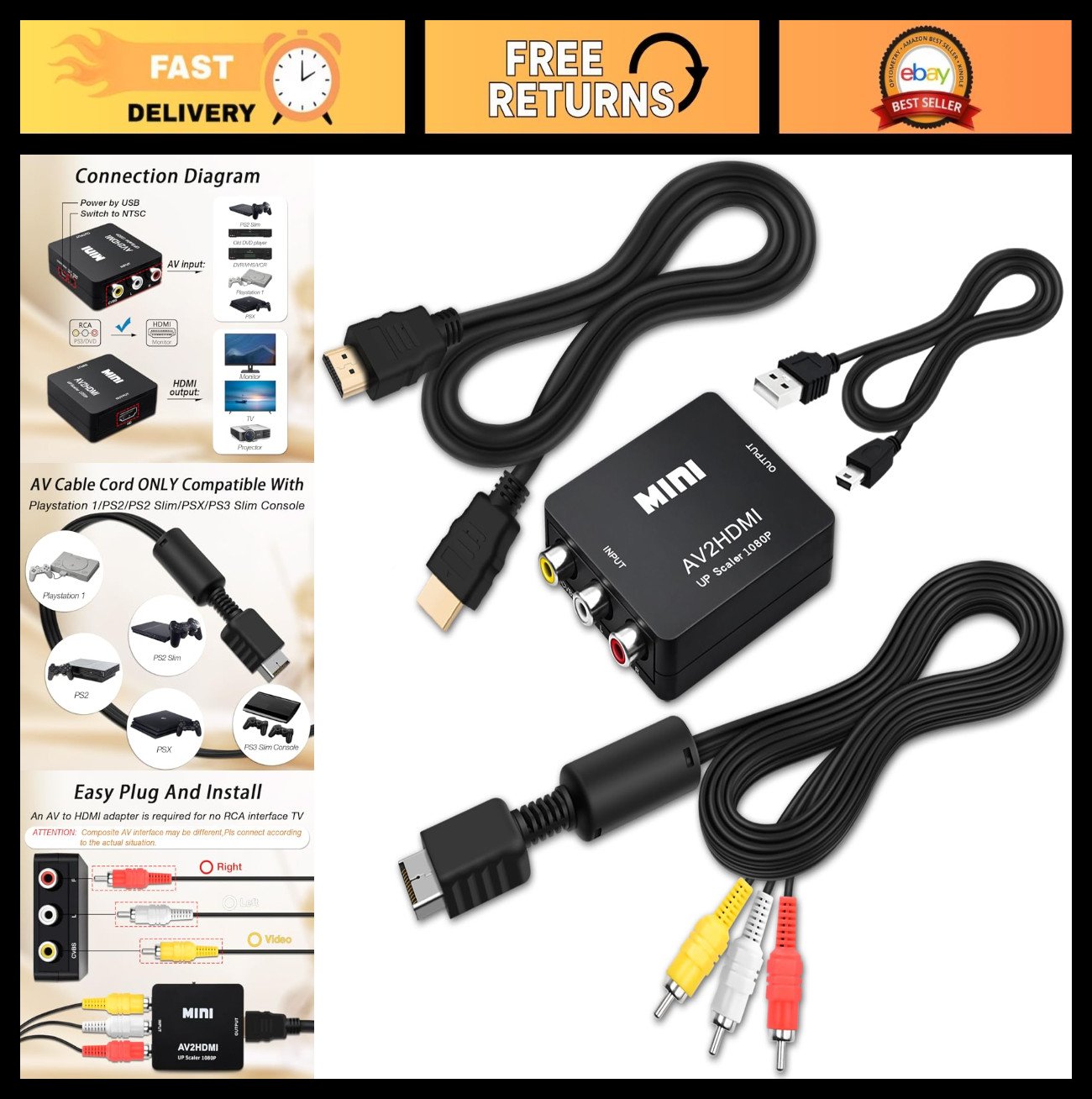 6FT AV to RCA Cable for PlayStation 1/2/3 Slim, Connect Console to TV/Monitor