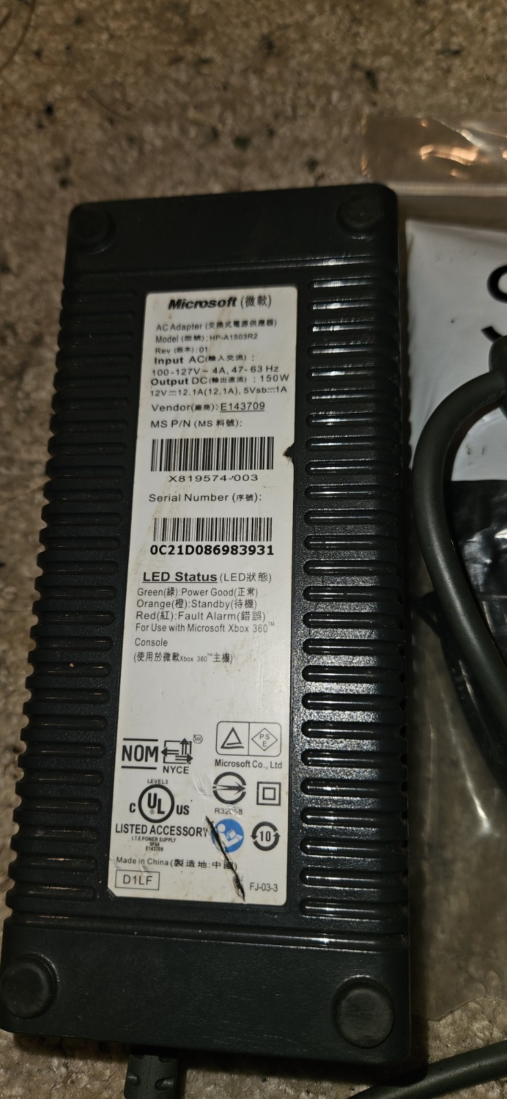 Microsoft Xbox 360 Orignal Console Power Supply Power Brick OEM Official 15 Ft.