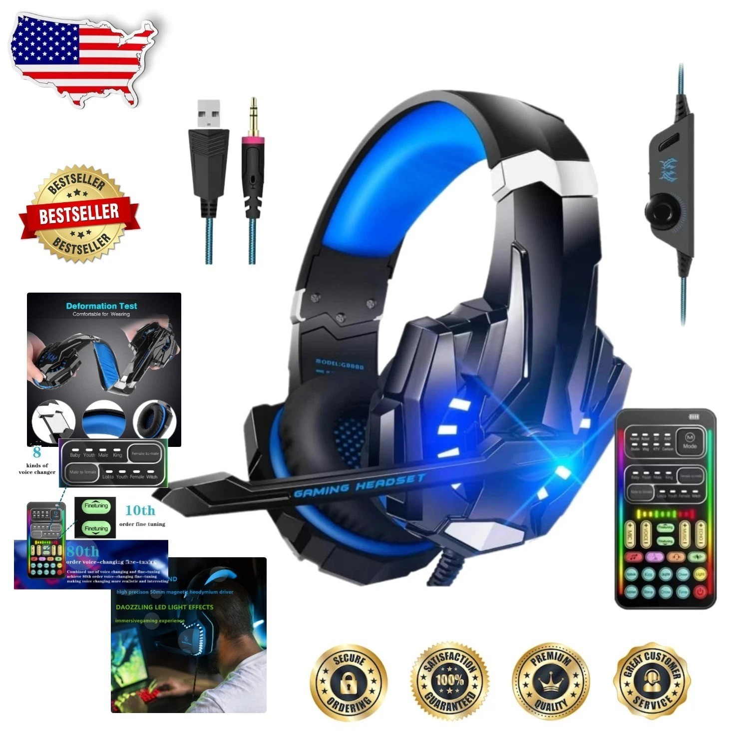 Blue Gaming Headset Voice Changer Mic LED Lights 50mm Drivers Volume Control