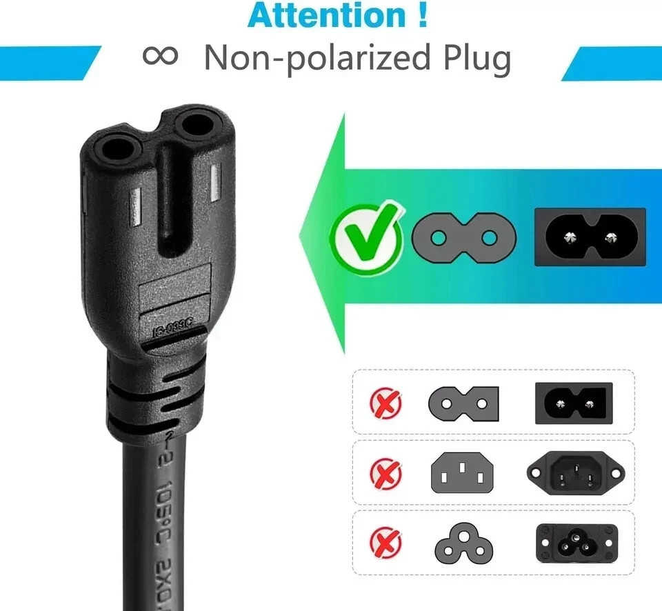 2 Prong Power Cord 5FT C7 2-Slot Cable For PS5 PS4 XBOX TV Samsung TCL