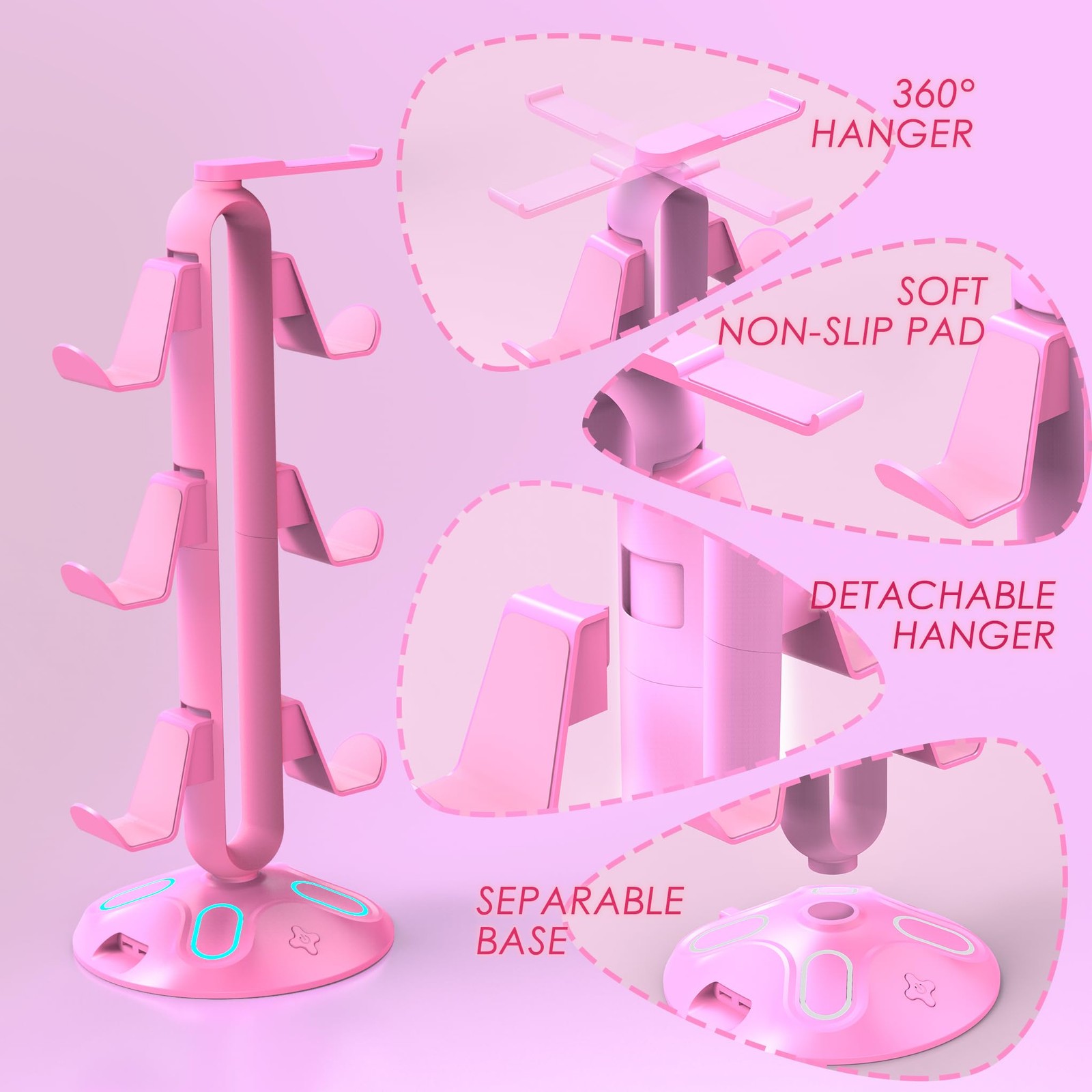 Pink Gaming RGB Headphone Stand with 9 Modes, Controller & USB/Type-C Charger