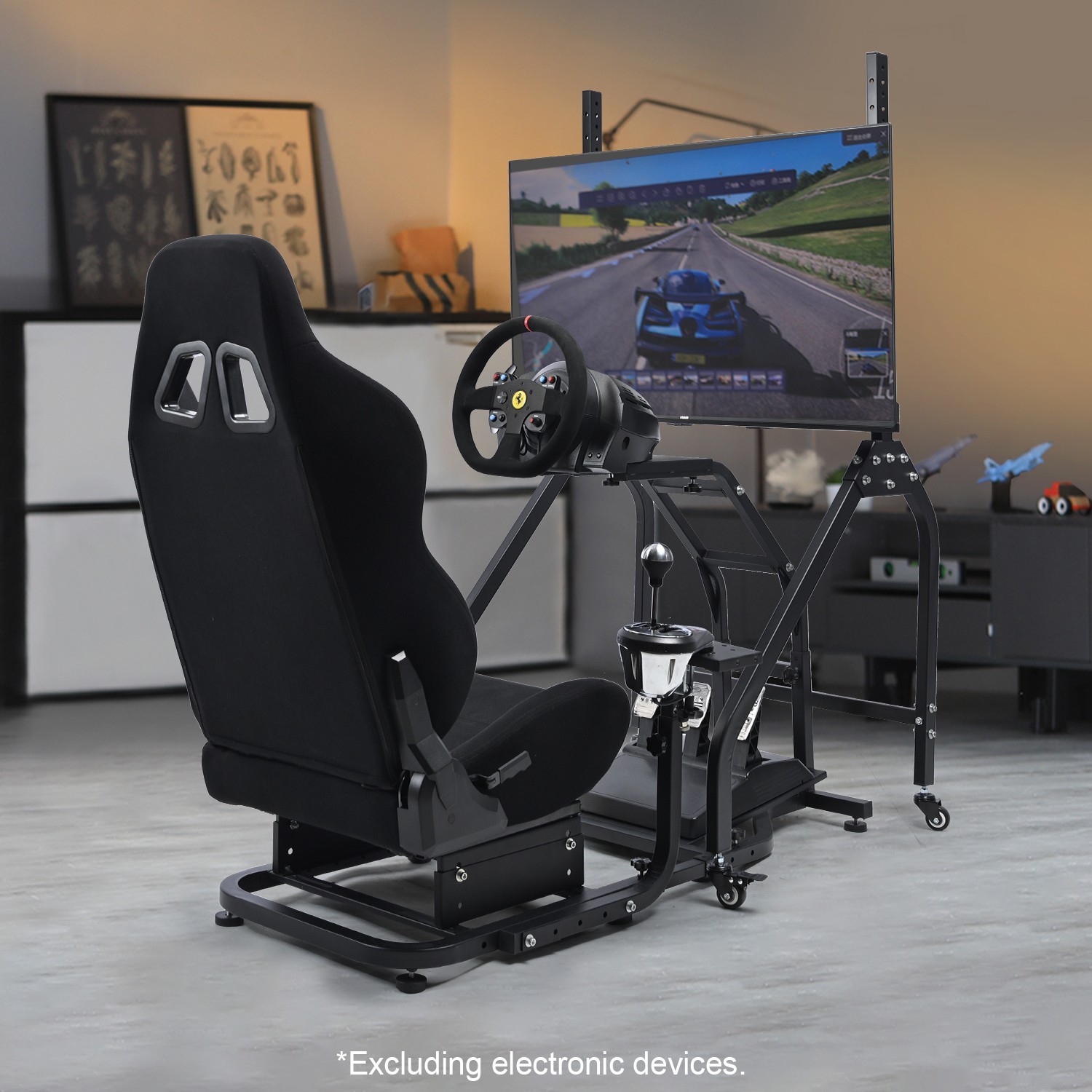 Marada Racing Simulator Cockpit With Black Seat And Monitor Stand For Logitech