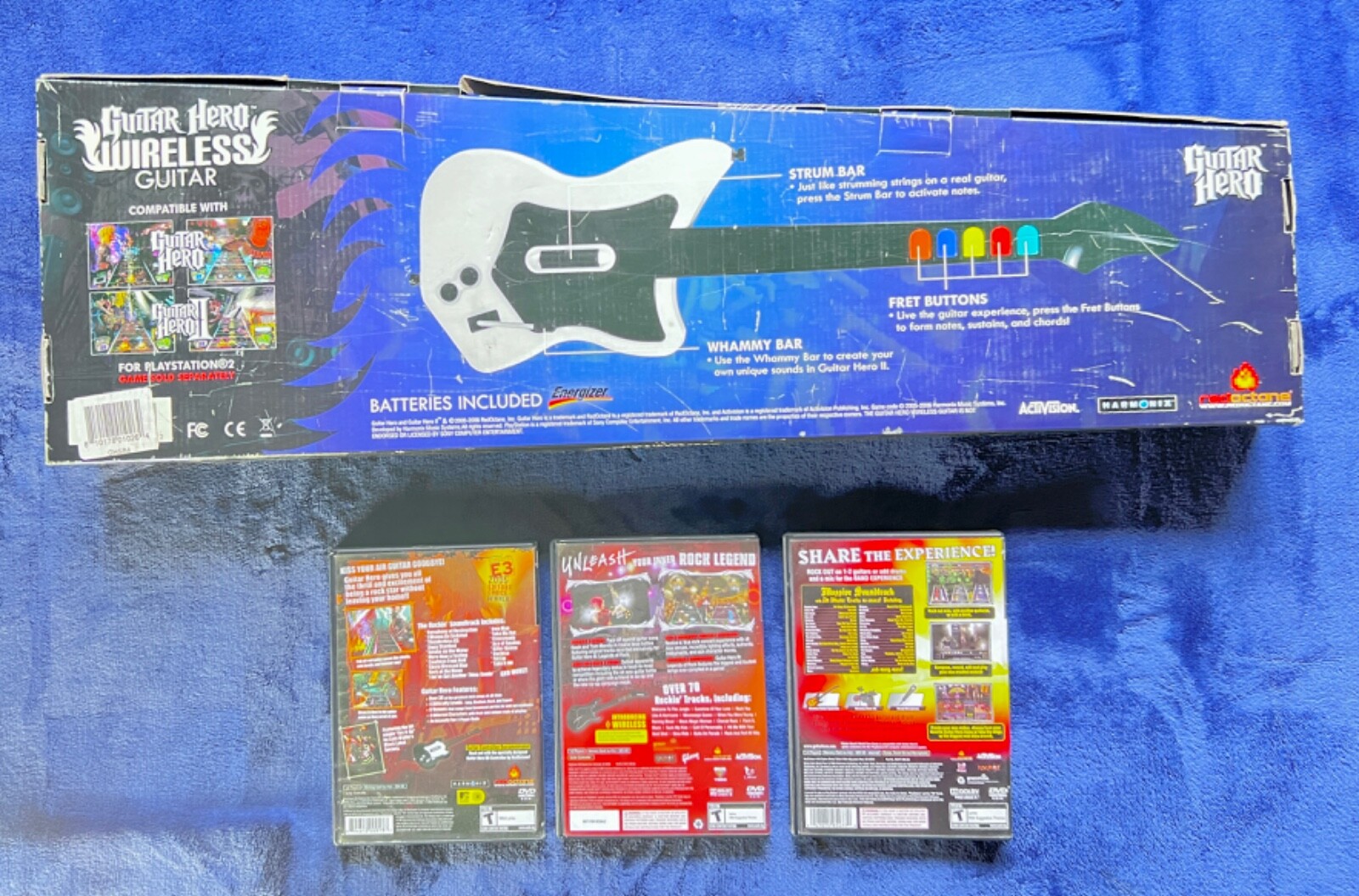 New PlayStation 2 Red Octane Wireless Guitar Hero II and Game with 3 Used Games