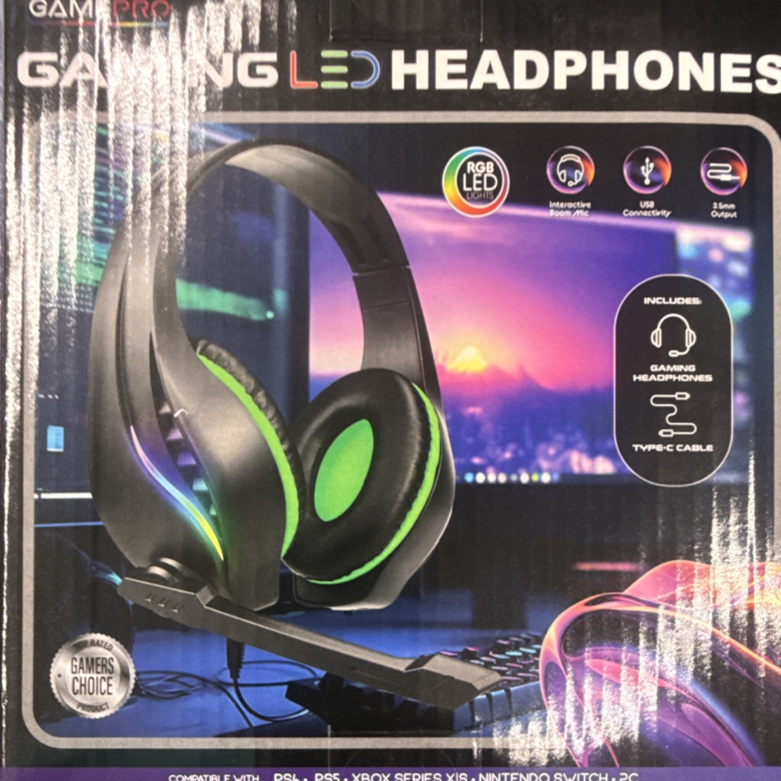 GamePro Gaming LED Headphones RGB Lights Boom Mic USB 3.5mm Type-C Black Green