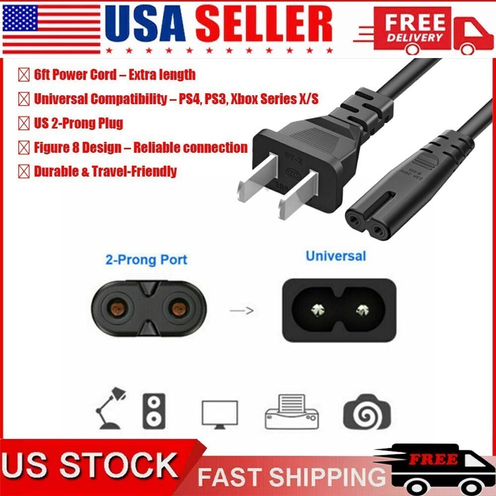2 For Xbox One S/X Xbox Series X/S Sony PS4/PS4 Slim/PS3 AC Power Cord Cable-+*/