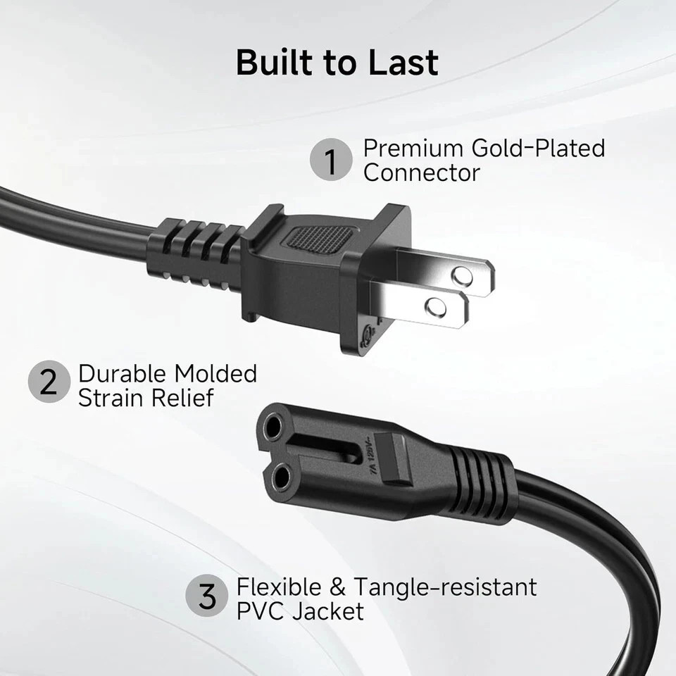 AC Power Cord 2 Prong Cable 2-Slot Figure 8 for TV PS3 PS4 PS5 XBOX PC