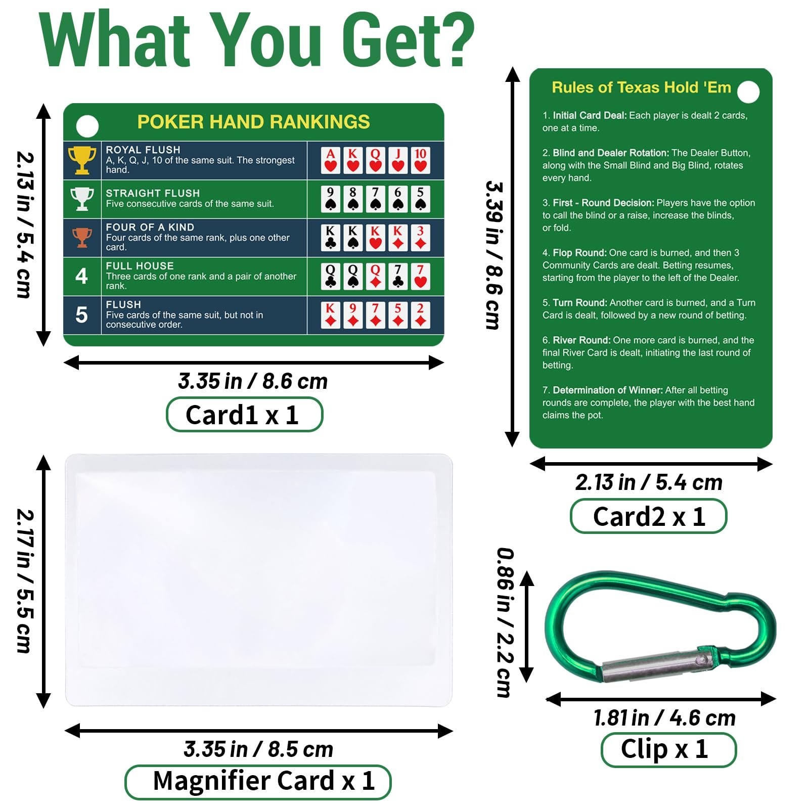 1-Pack (2 Cards) Poker Hand Rankings Cards Set with Magnifier & Clip, Texas H…