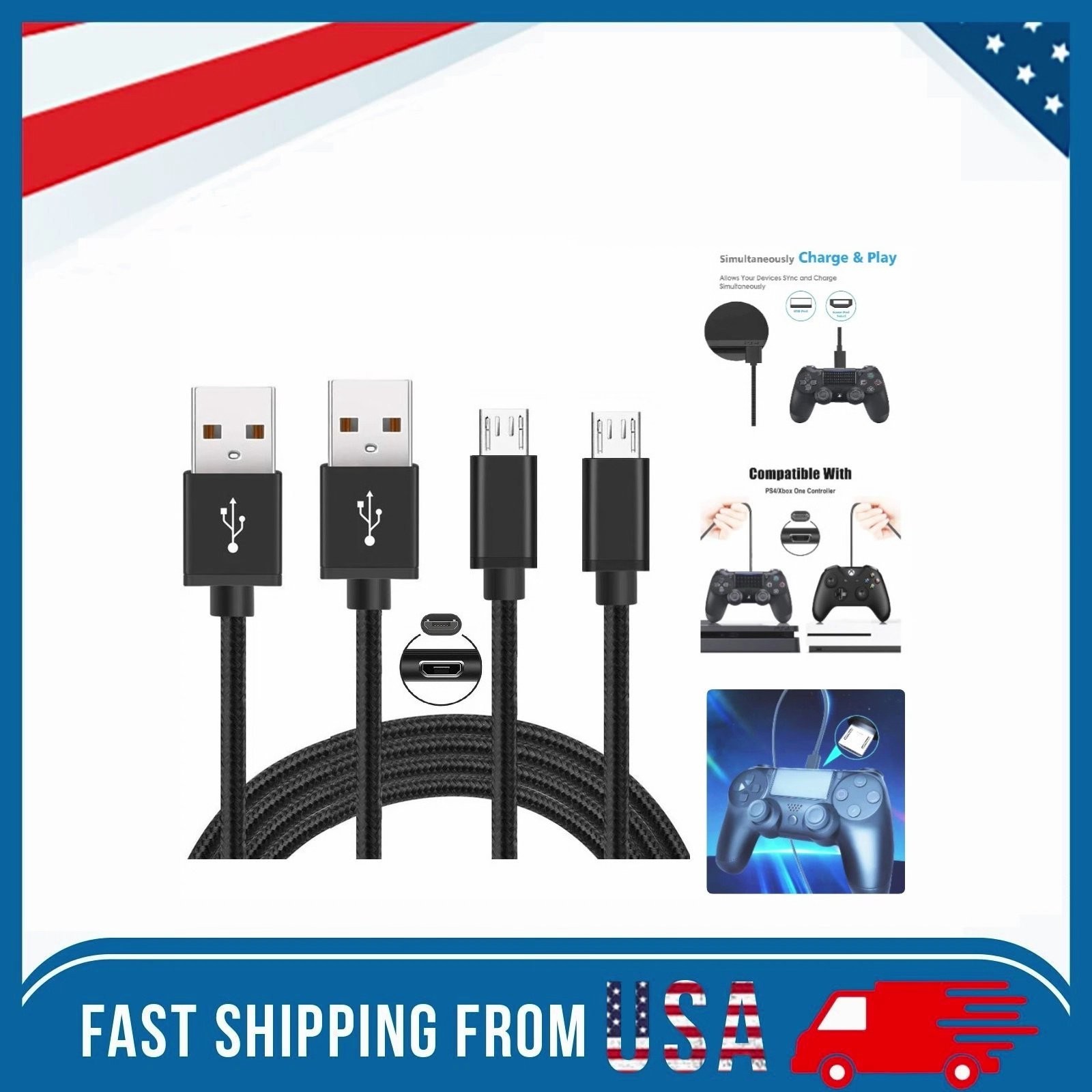2-Pack 10FT PS4 & Xbox One Charger – Nylon Braided Micro USB Cable Black New