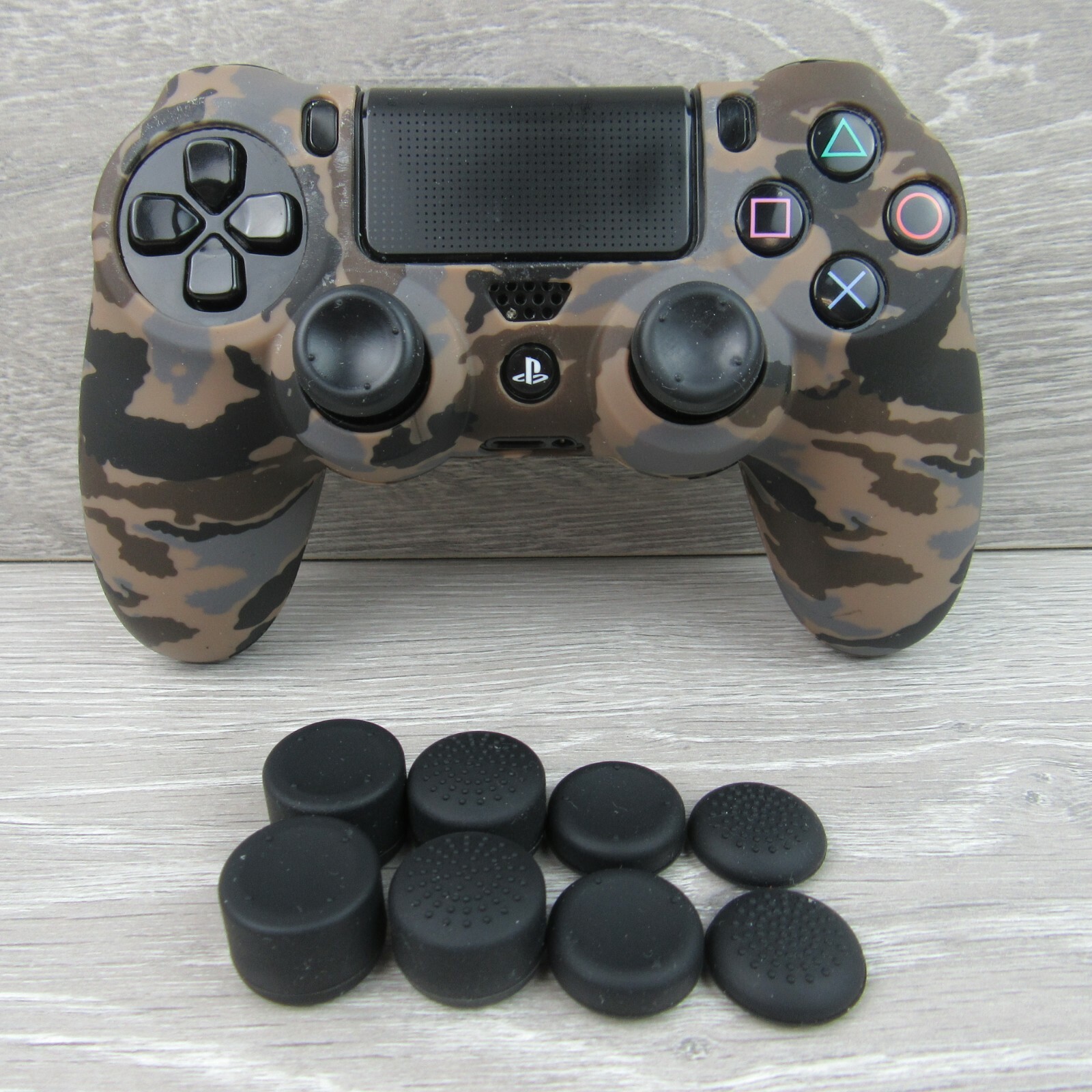 Silicone Grip Brown Camo Non Slip + (8) Thumb Grip Caps For PS4 Controller