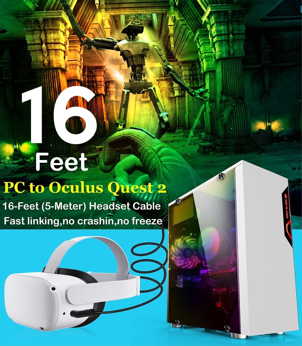 USB A to C 16FT Compatible for Oculus / Quest 2/Pro, for VR Headset Gaming