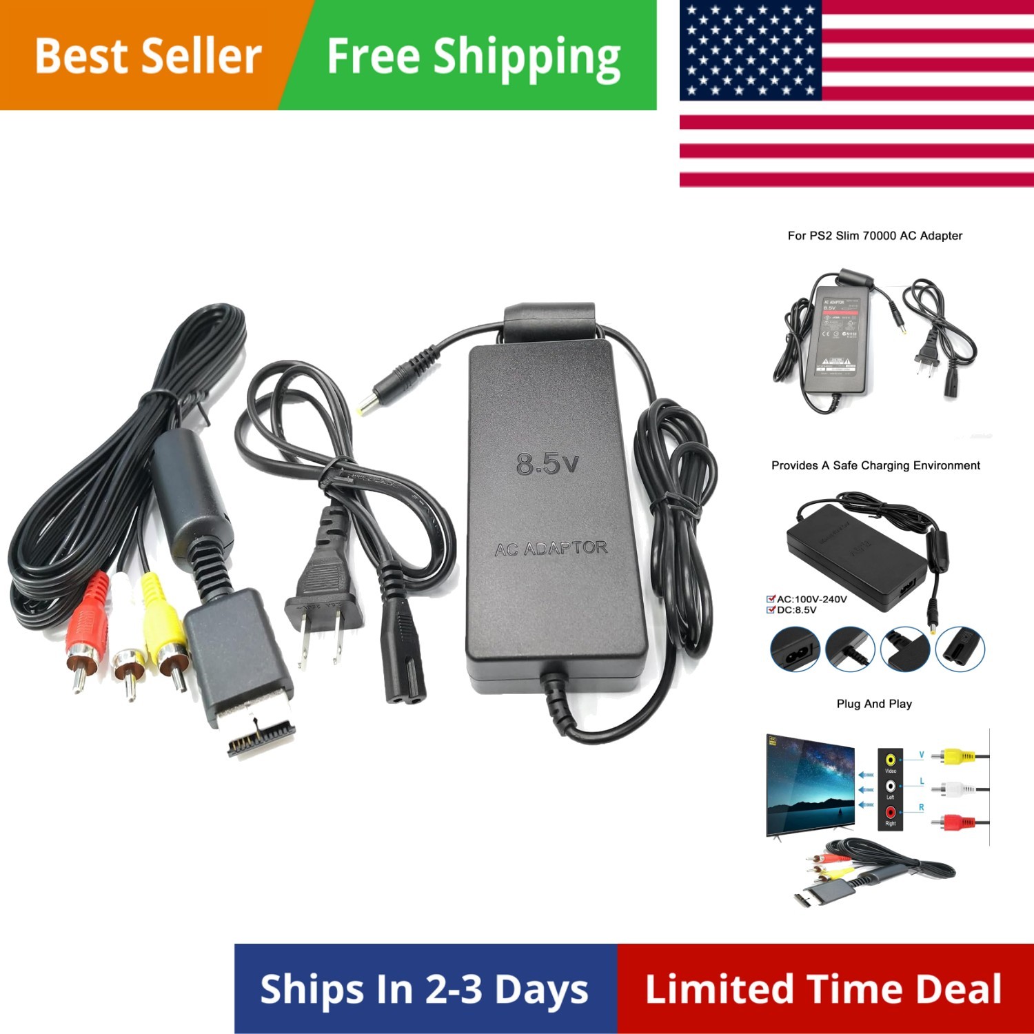 Power Supply and AV Cable for PS2,AC Adapter Charger Cable Cord and AV Cable …