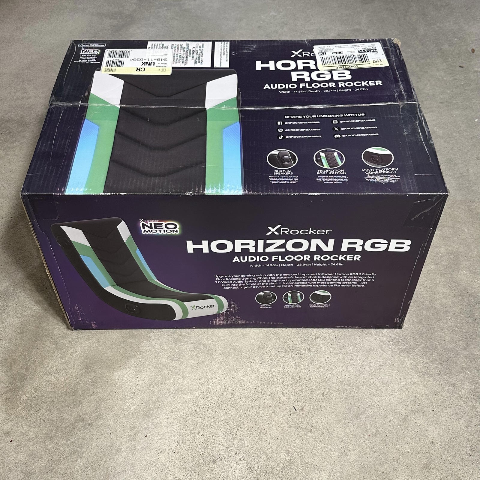 X Rocker Horizon RGB LED Audio Floor Rocker Gaming Chair Green Black White