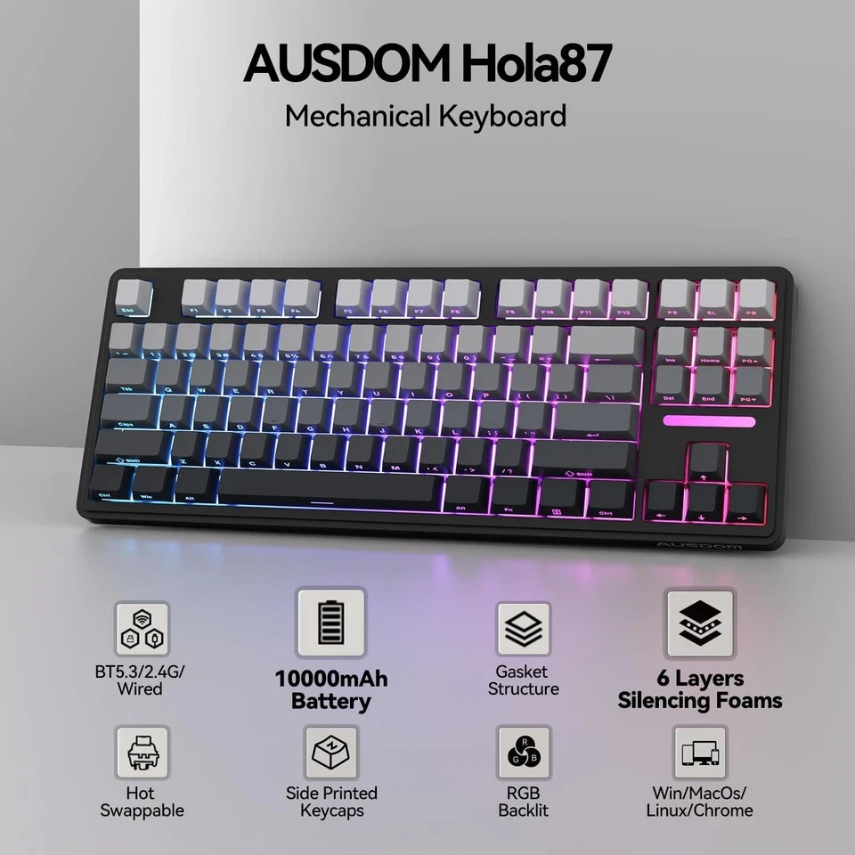 AUSDOM H87 Wireless Mechanical Keyboard, 10000mAh Battery Gasket Hot Swappabl…
