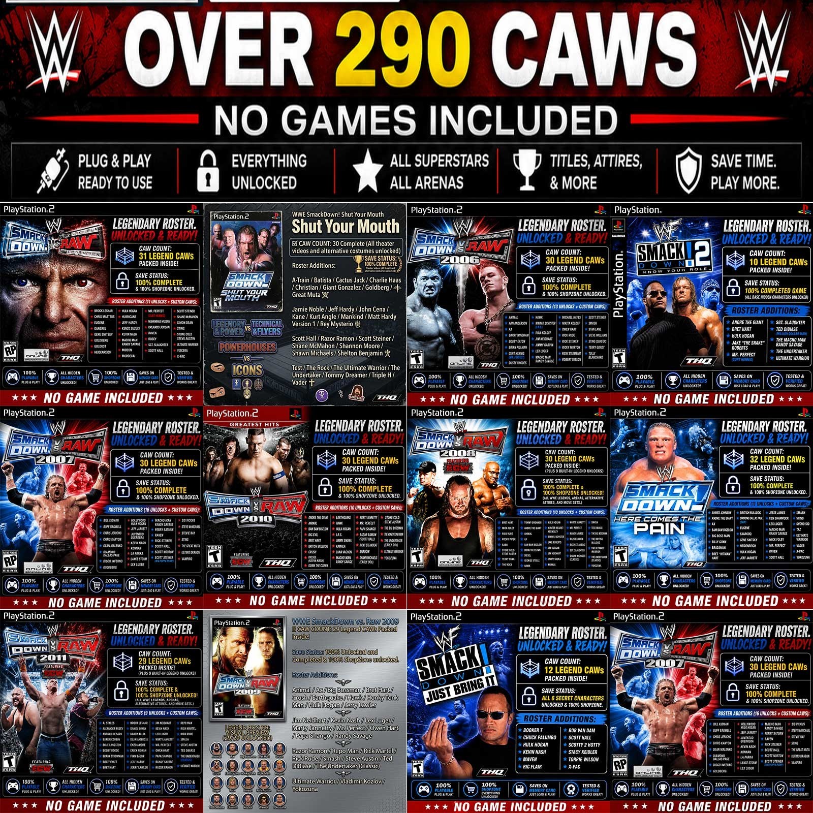 WWE CAWs Created Wrestlers Pack HCTP PS2 MEMORY CARD SAVES Here Comes The Pain