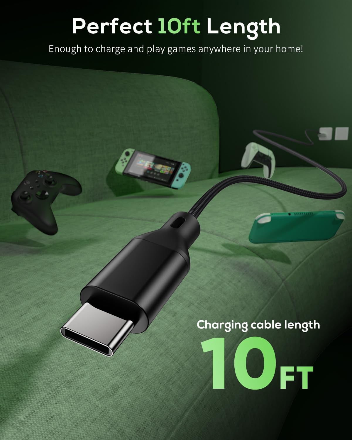PS5 Xbox Series X/S Controller Charging Cable 3ft Black USB Cable Long