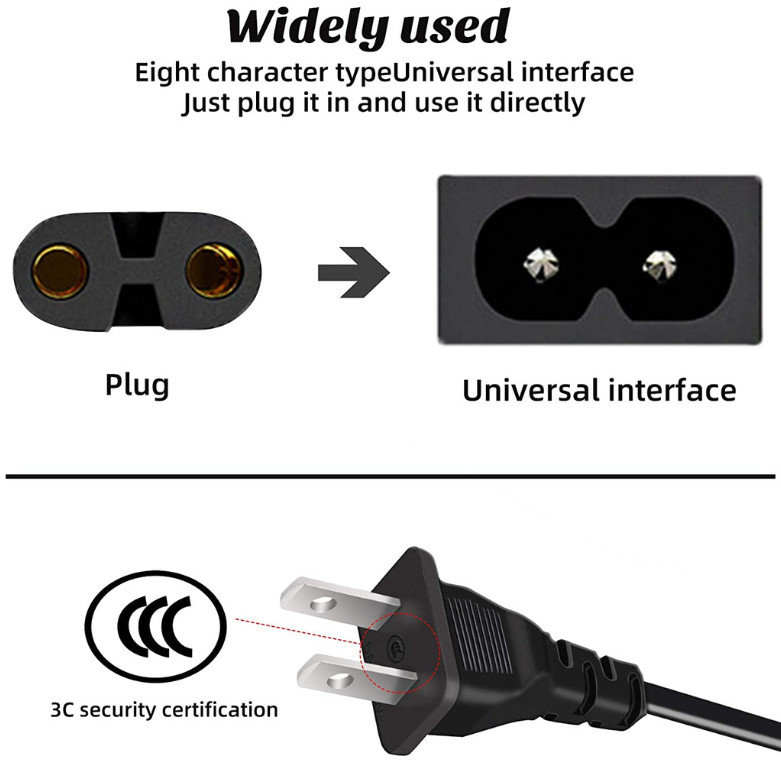 2 Prong Ac Power Cord Cable Super Slim Compatible With Laptop PS4 PS3 PS2, 3FT