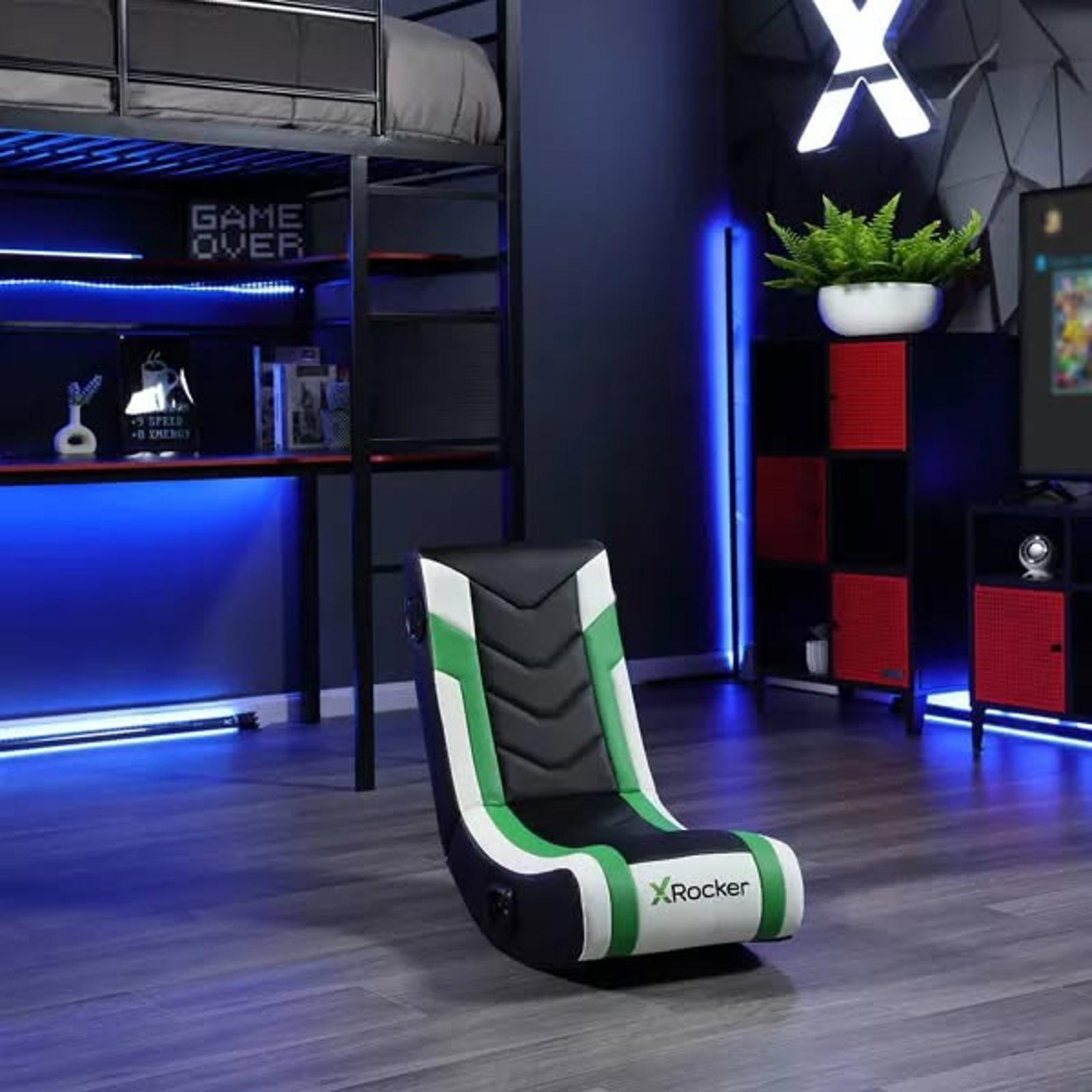 X Rocker Horizon RGB LED Audio Floor Rocker Gaming Chair Green Black White