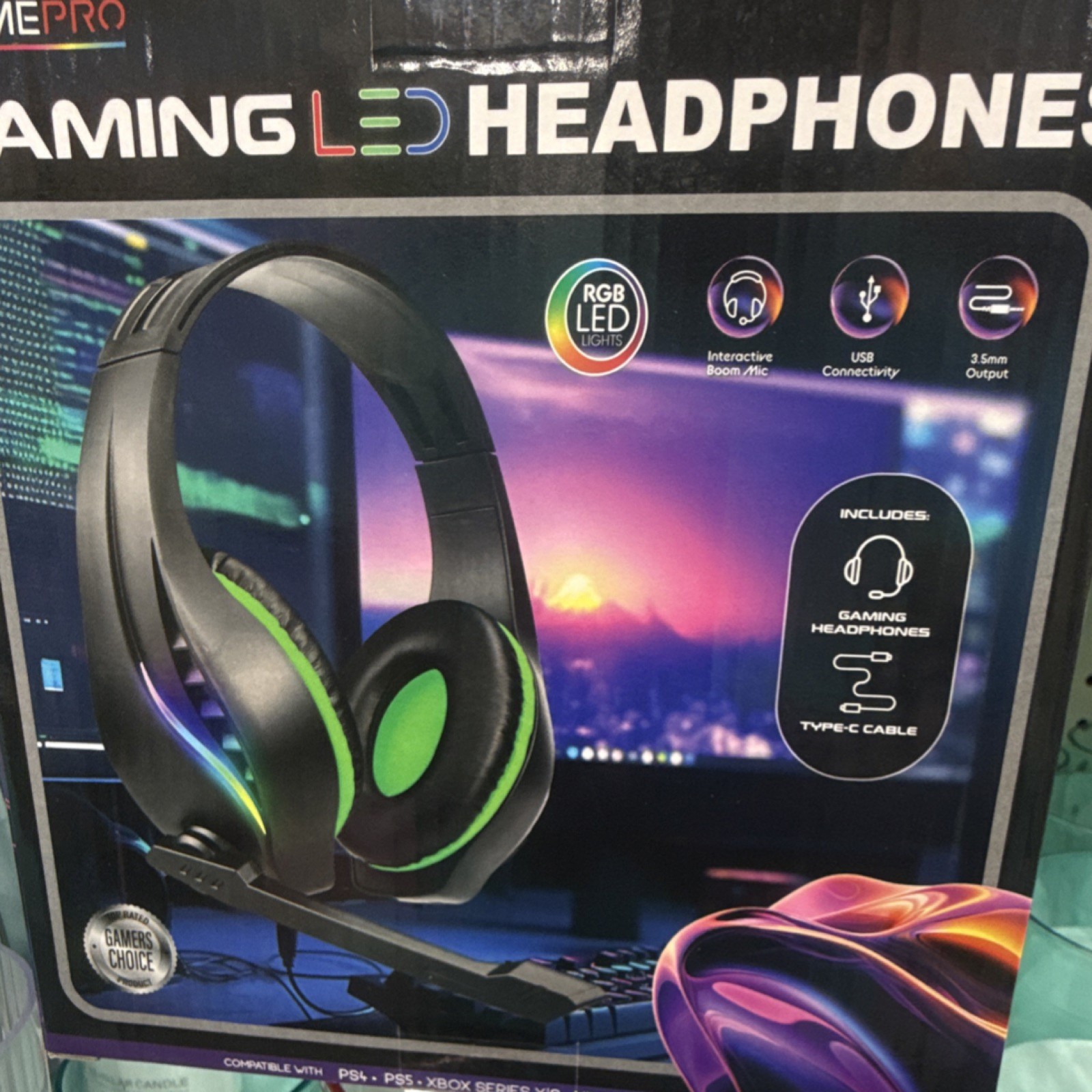 GamePro Gaming LED Headphones RGB Lights Boom Mic USB 3.5mm Type-C Black Green