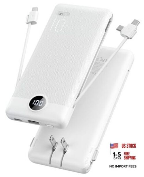 Portable Charger with Cables and Wall Plug | Power Bank with Cords | White