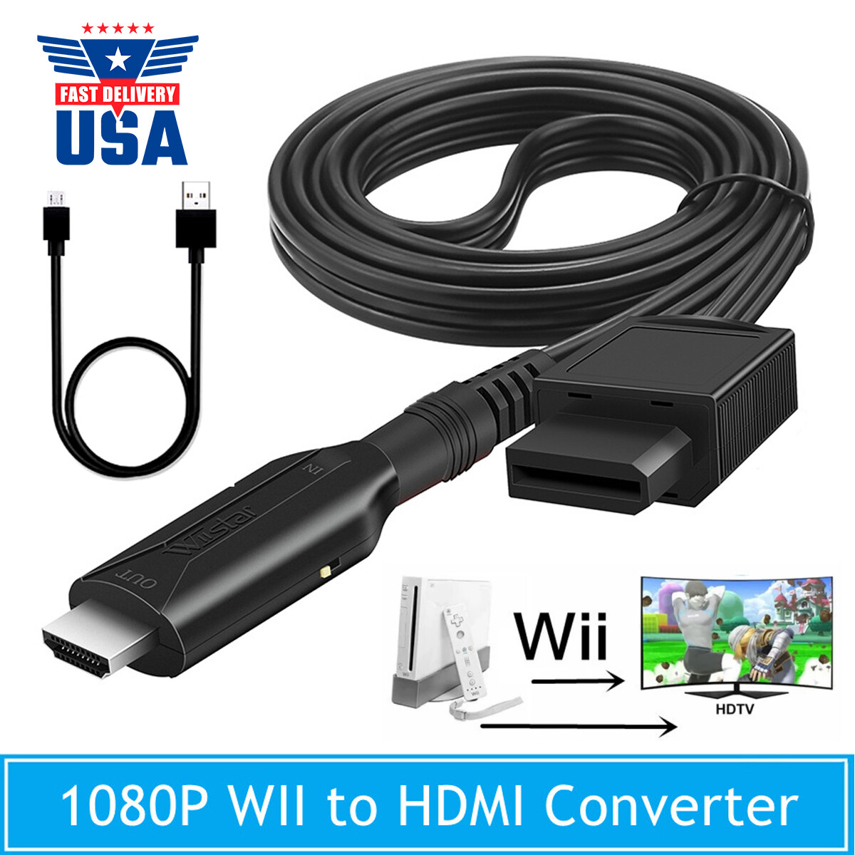 Wii to HDMI Adapter Converter Cable Full HD 1080P Plug&Play for Television PC A+
