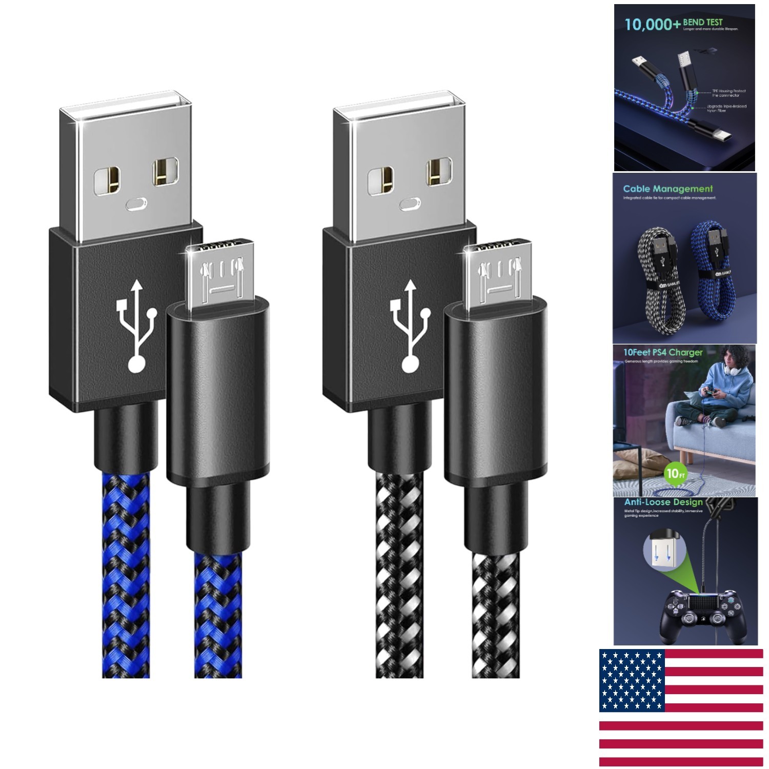 Universal 10FT Micro USB Charging Cables – Fast Charge 2 Pack for PS4/Xbox