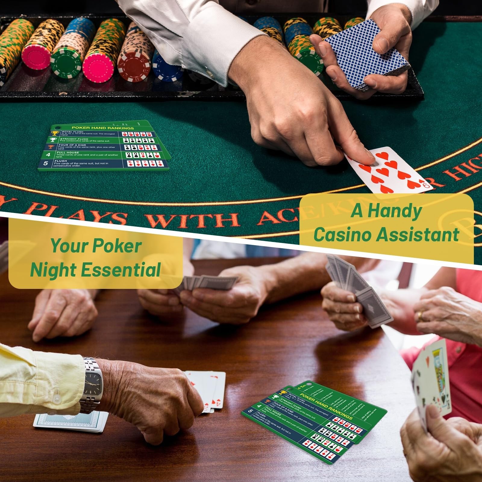 1-Pack (2 Cards) Poker Hand Rankings Cards Set with Magnifier & Clip, Texas H…