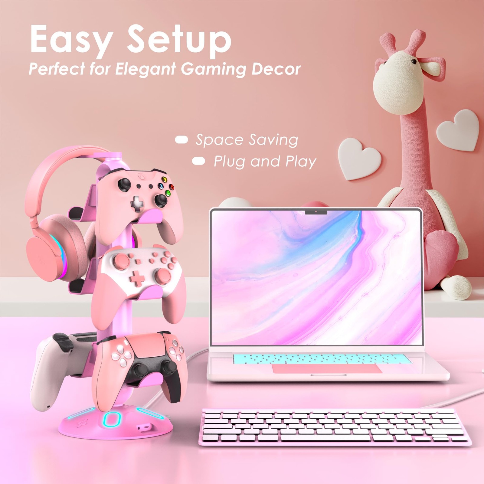 Pink Gaming RGB Headphone Stand with 9 Modes, Controller & USB/Type-C Charger