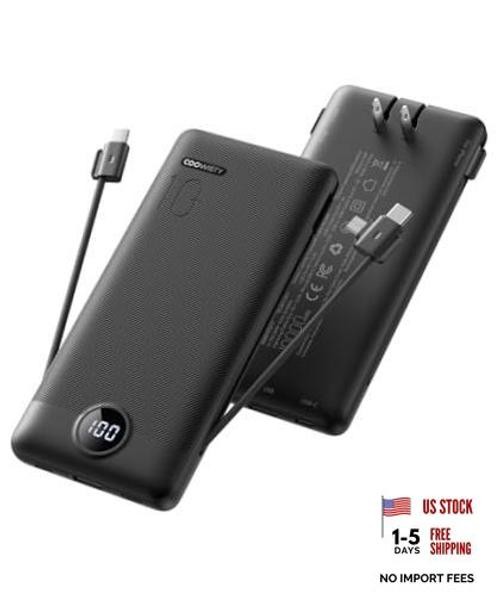 Portable Charger with Wall Plug, Slim USB C Power Bank with Built-in Black