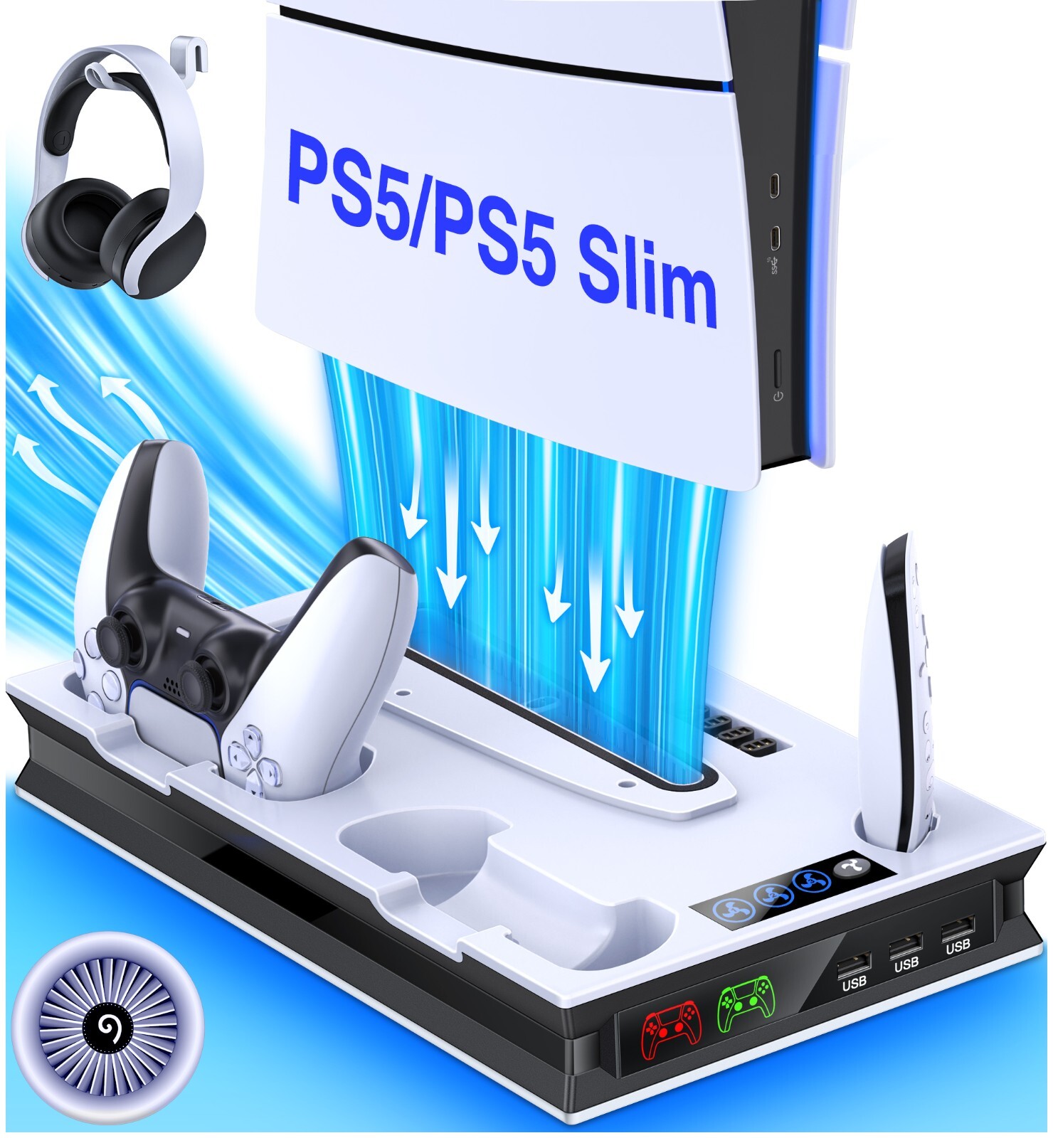 For PS5 Slim&PS5 Edition/Disc Dual Controller Charger Station Stand Cooling Fan