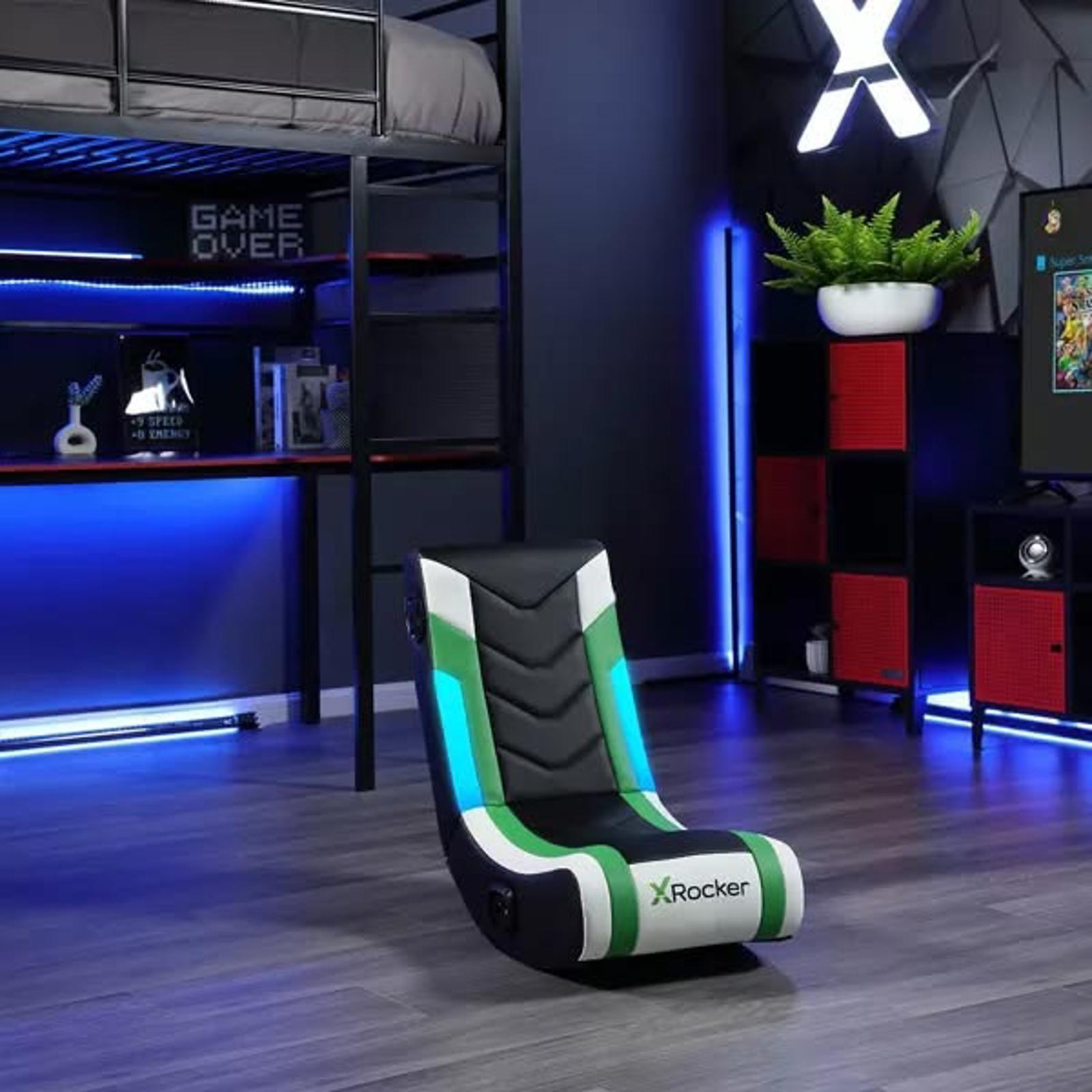 X Rocker Horizon RGB LED Audio Floor Rocker Gaming Chair Green Black White