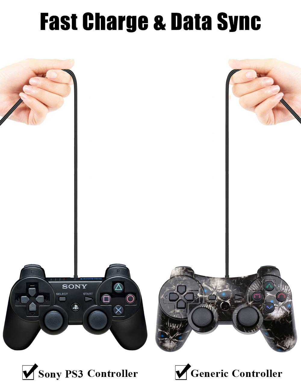 2 Pack 10ft PS3 Controller Charger Cable – Fast Mini USB Data Charging Cord