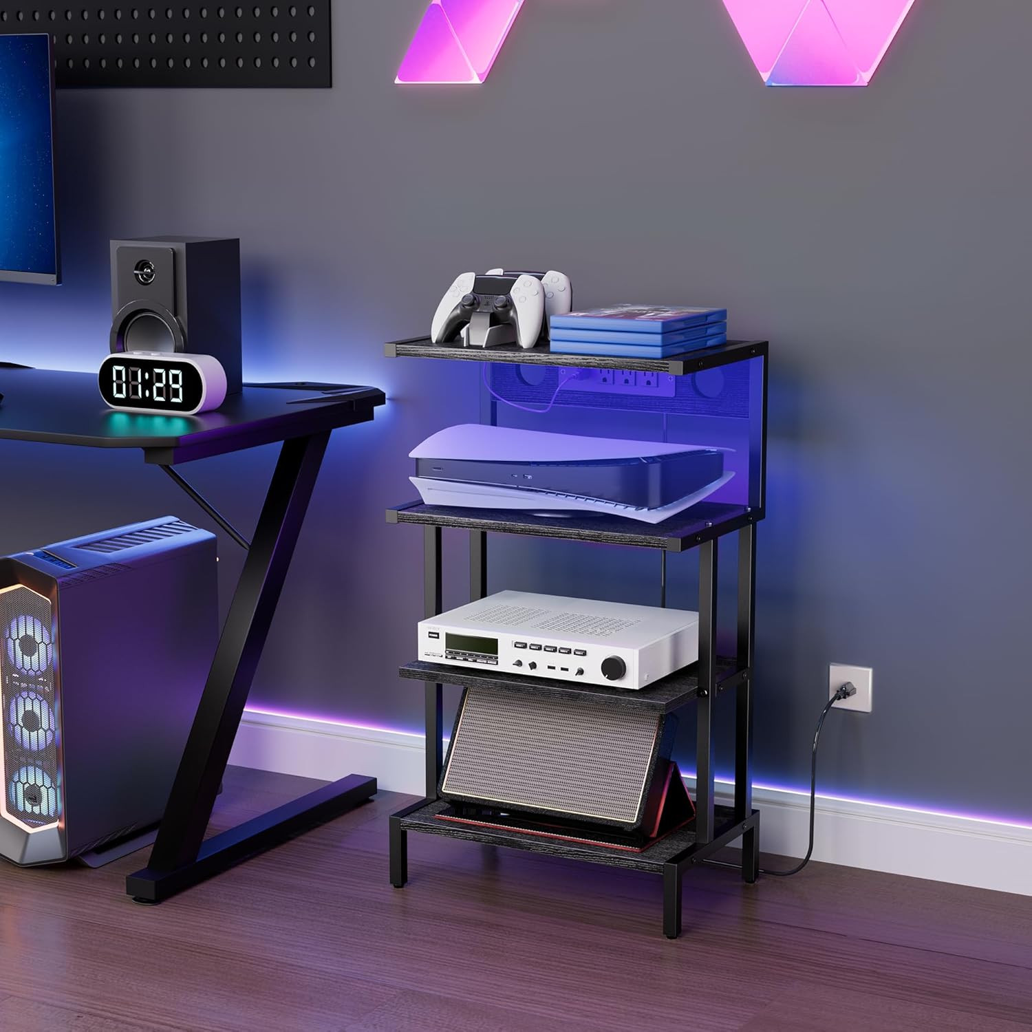 Game Console Shelf, 4-Tier Video Gaming Consoles Stand with Outlet & RGB Light,