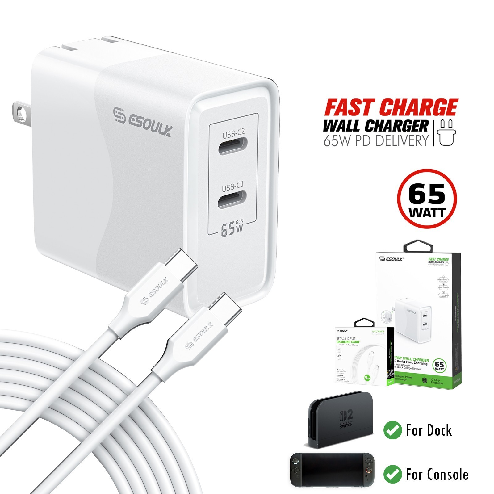For Nintendo Switch 2 Console Dock 60W AC Power Supply Adapter Home Wall Charger